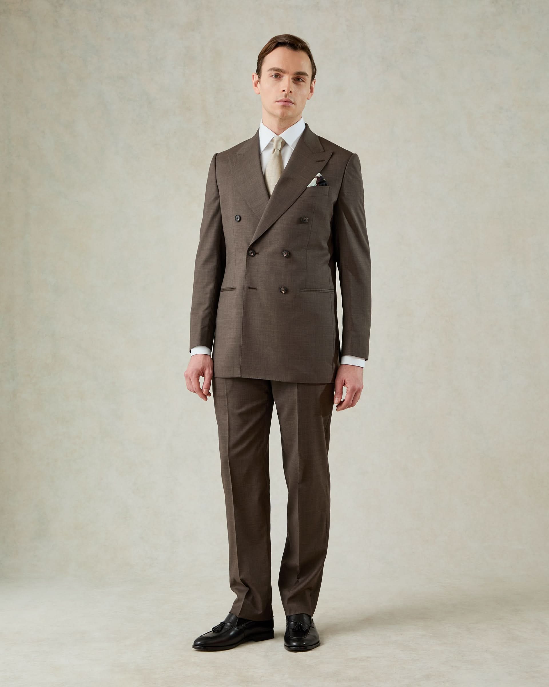 Burton Wool & Cashmere Double Breasted Peak Suit Dark Brown