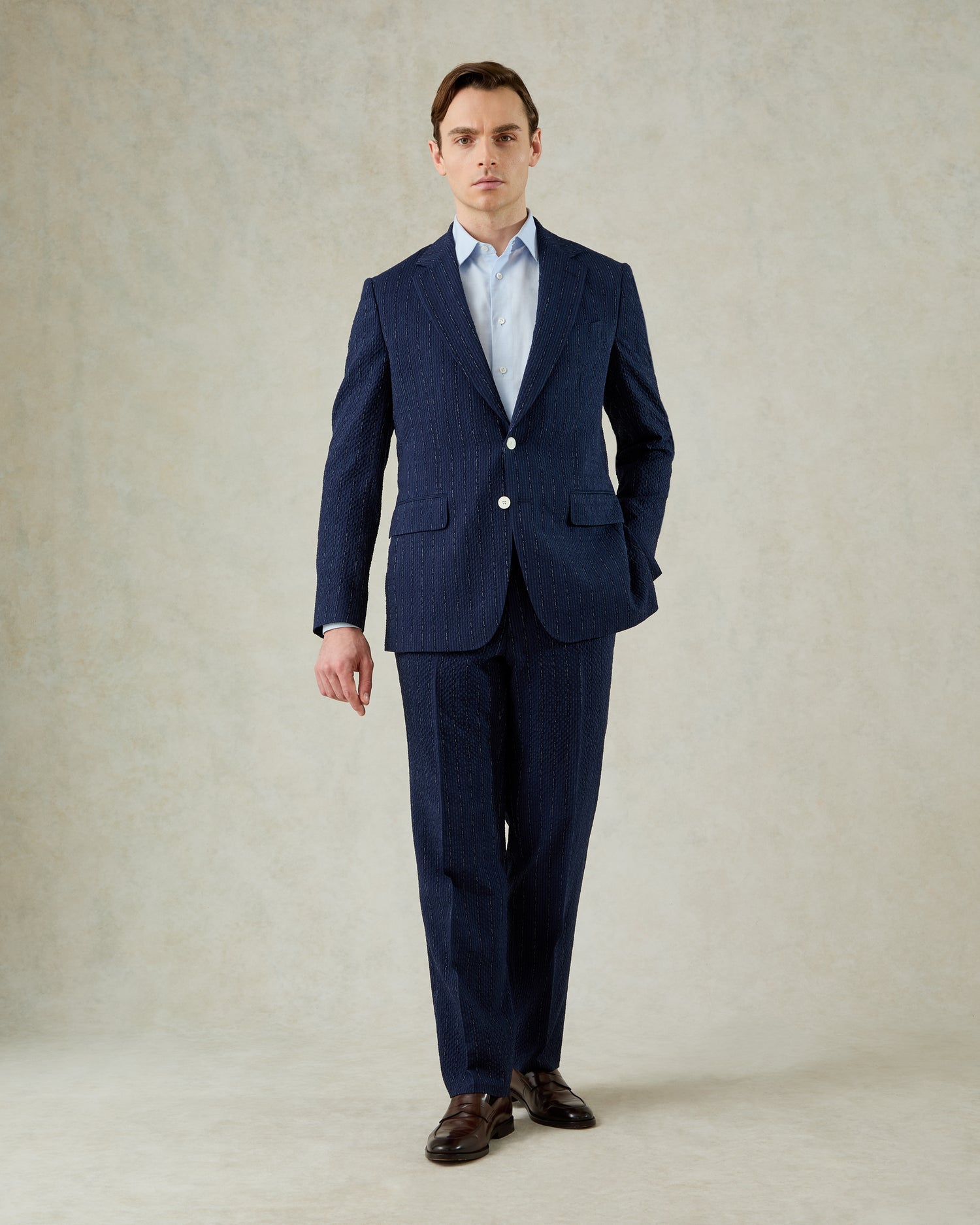 Harrison Virgin Wool Silk Linen Elastane Morse Code Suit Navy