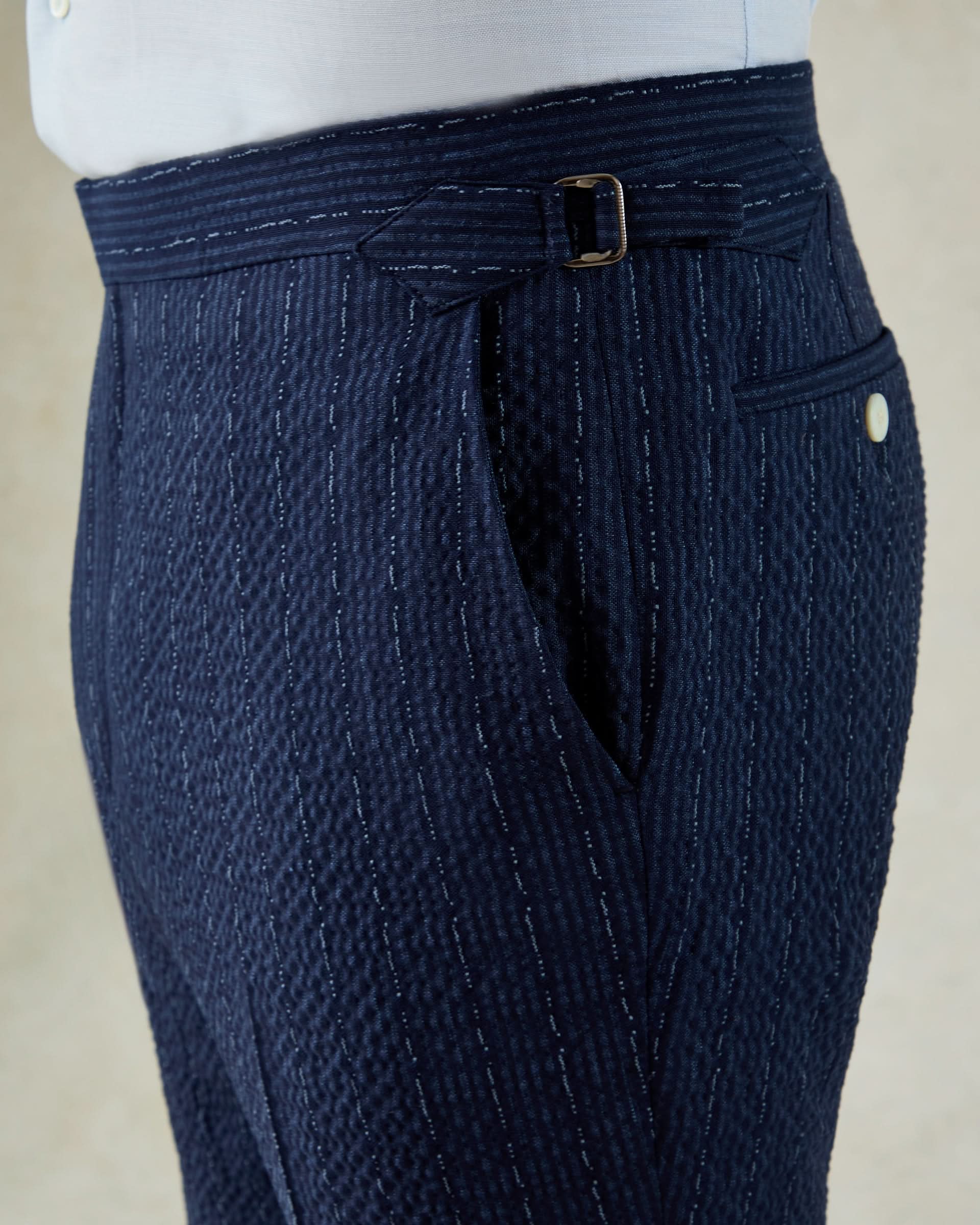 Harrison Virgin Wool Silk Linen Stretch Seersucker Morse Code Suit Trouser Navy