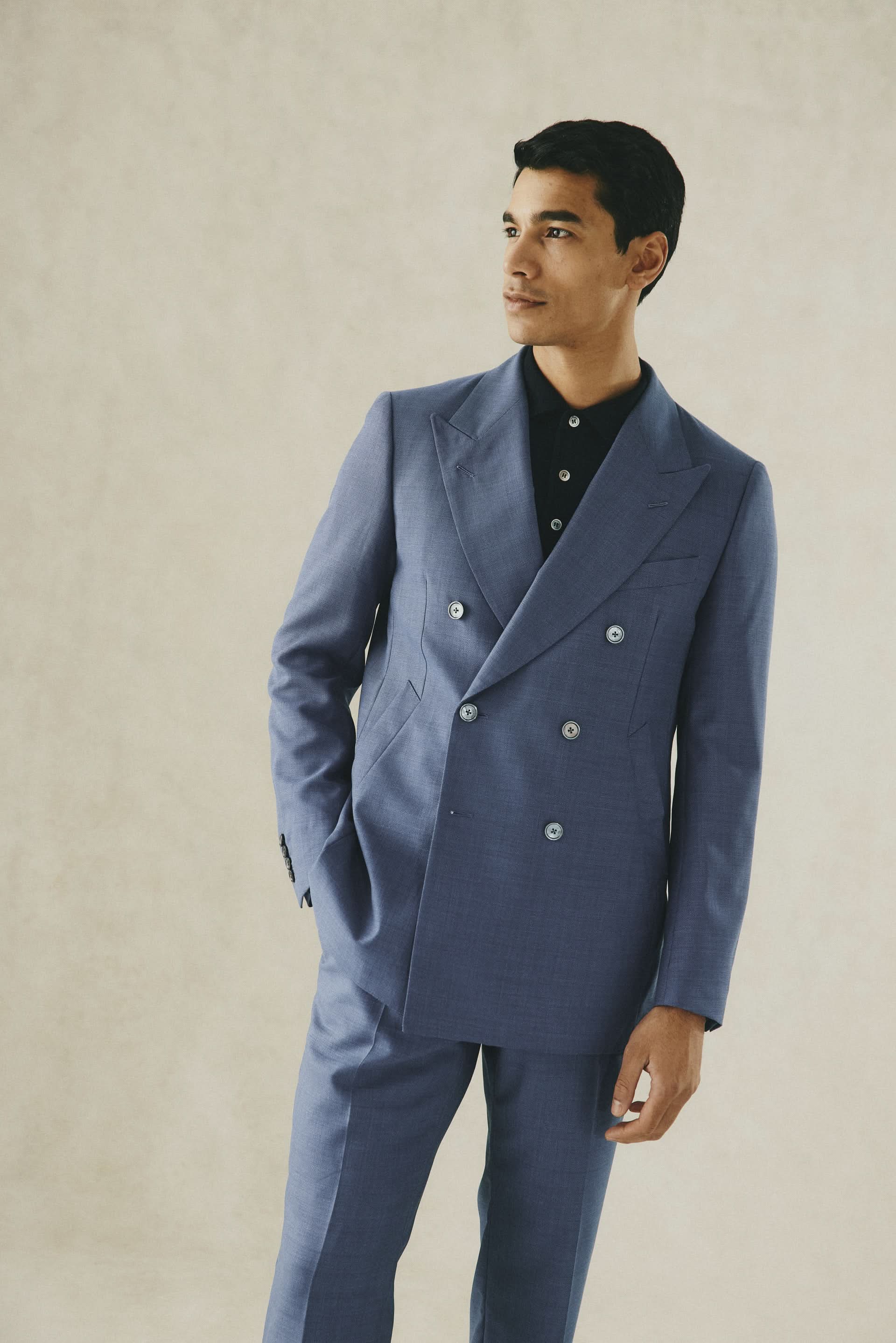 Drummond Wool Basketweave Double Breasted Jacket Blue