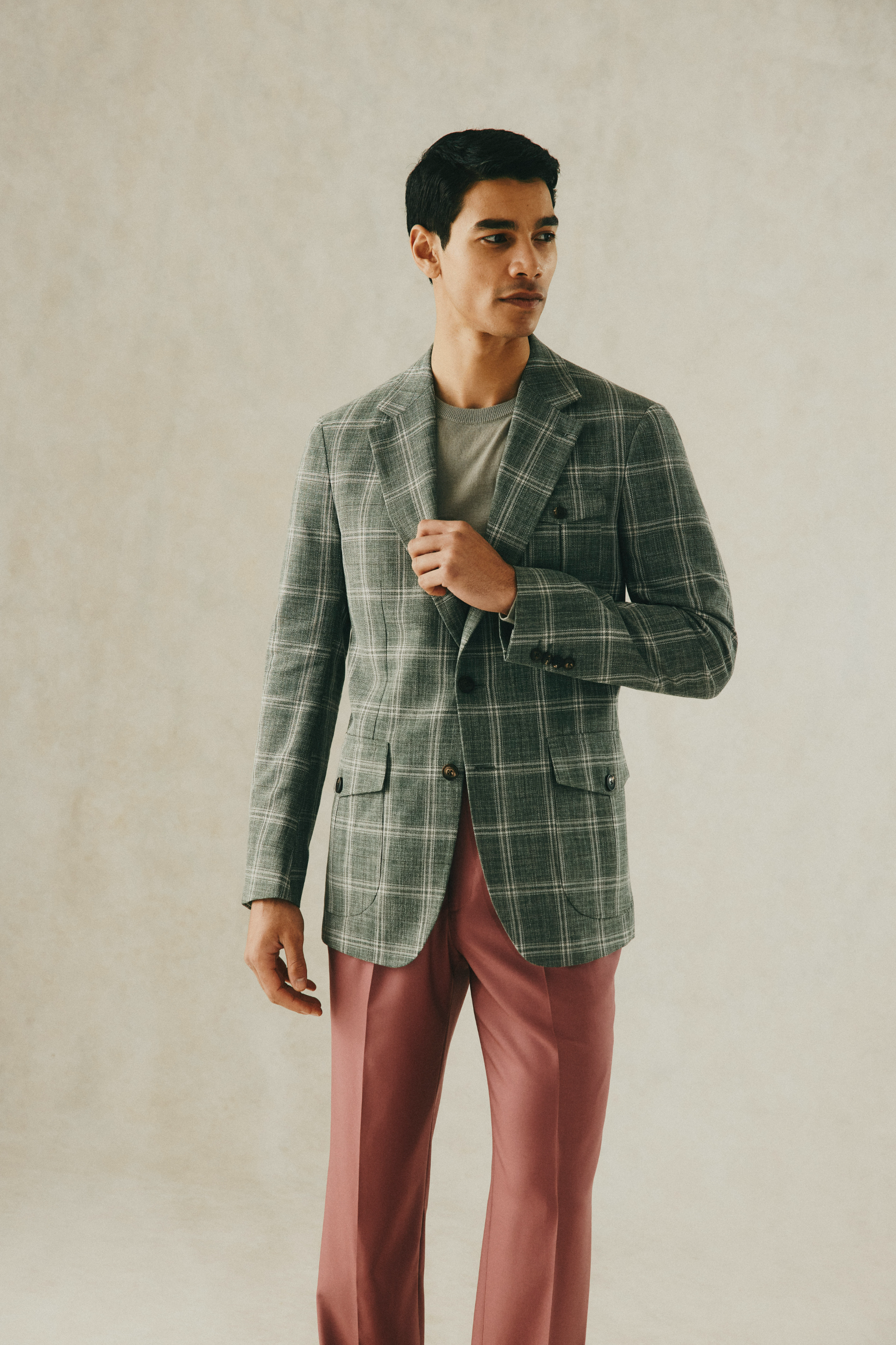 Dent Cotton Virgin Wool Check Blazer Green