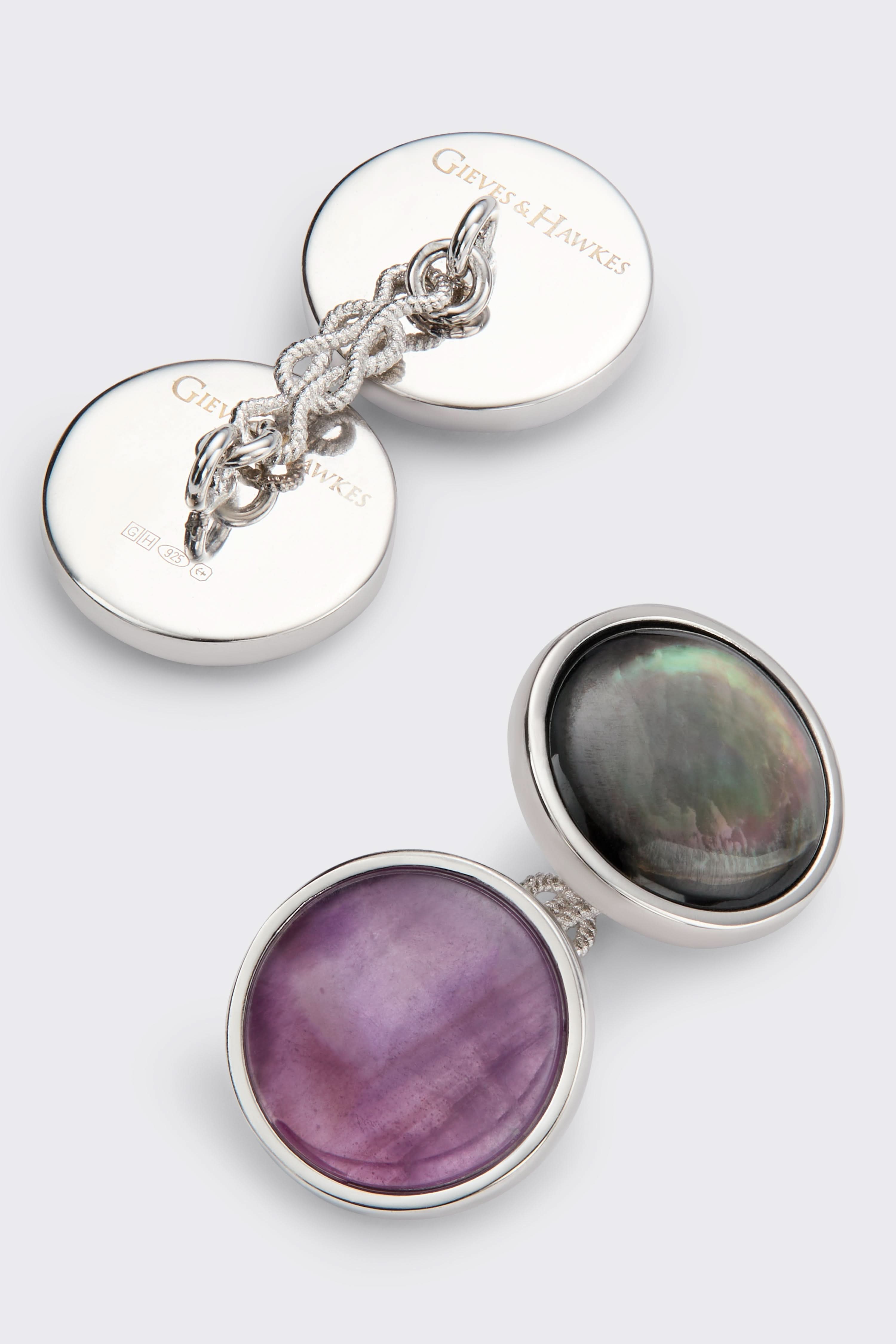 Clint Sterling Silver Reversible Cufflinks Grey/ Purple Mother of Pearl & Amethyst