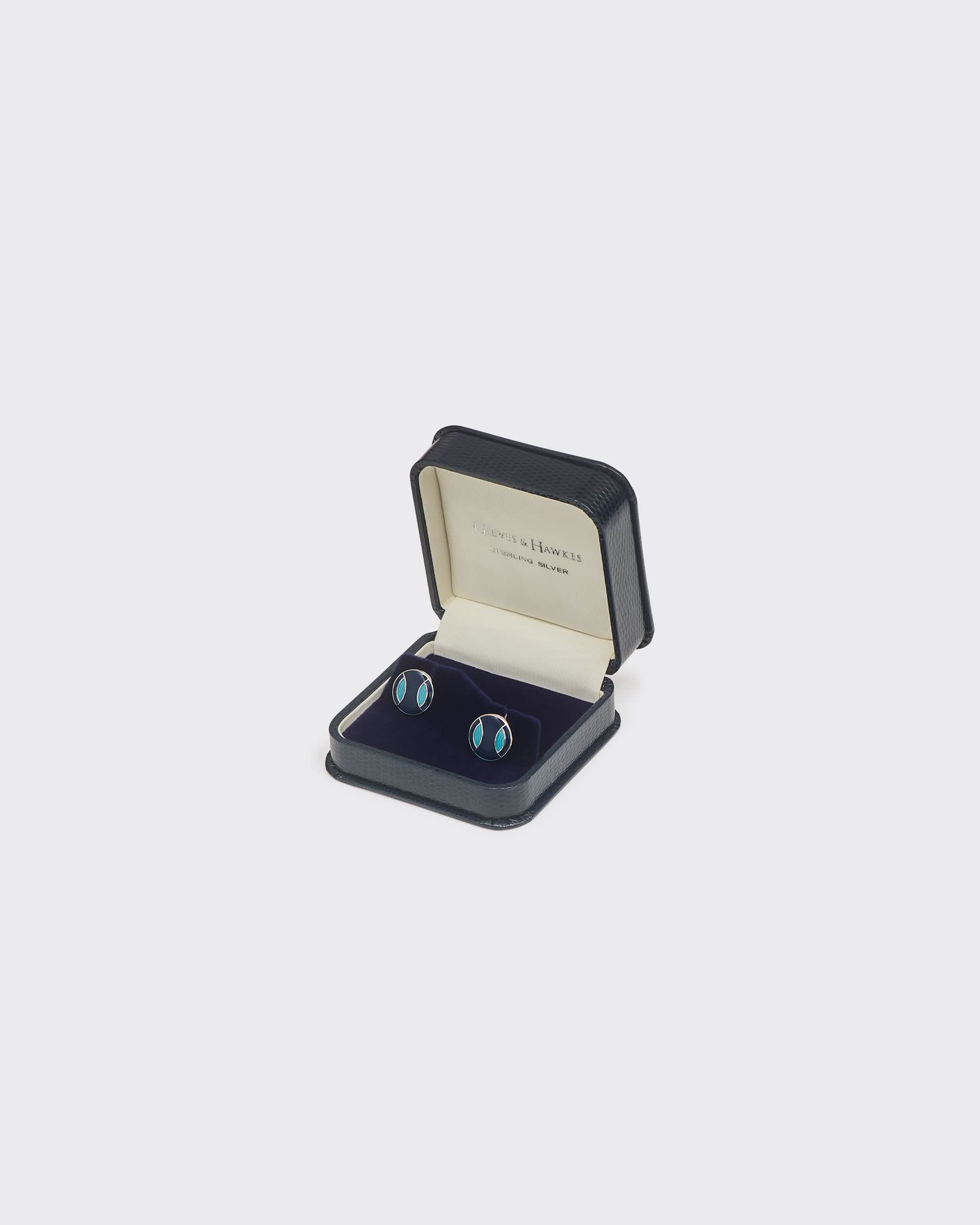 Gravener Sterling Sliver Round Enamel Cufflink Navy & Blue