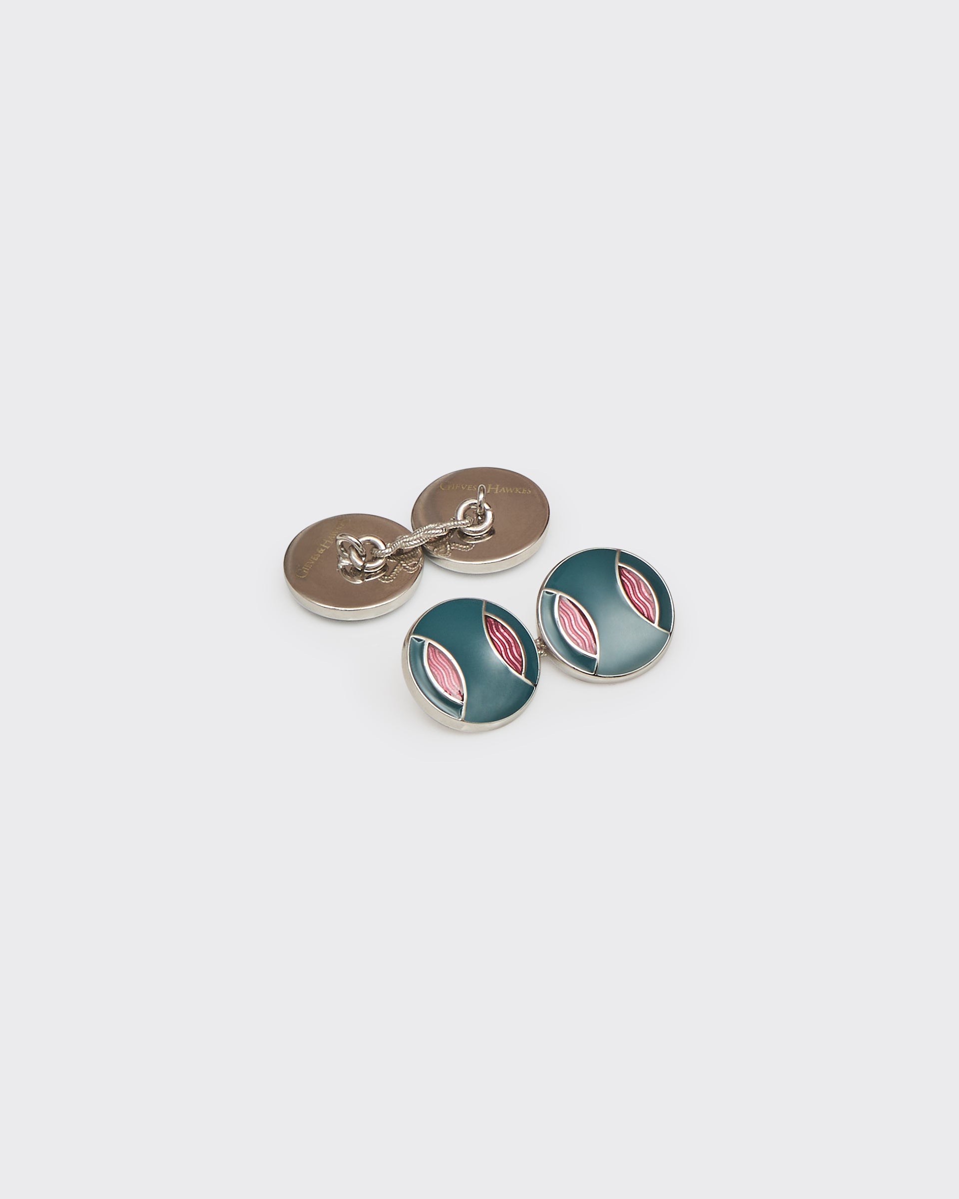 Gravener Sterling Sliver Round Enamel Cufflink Aqua & Burgundy