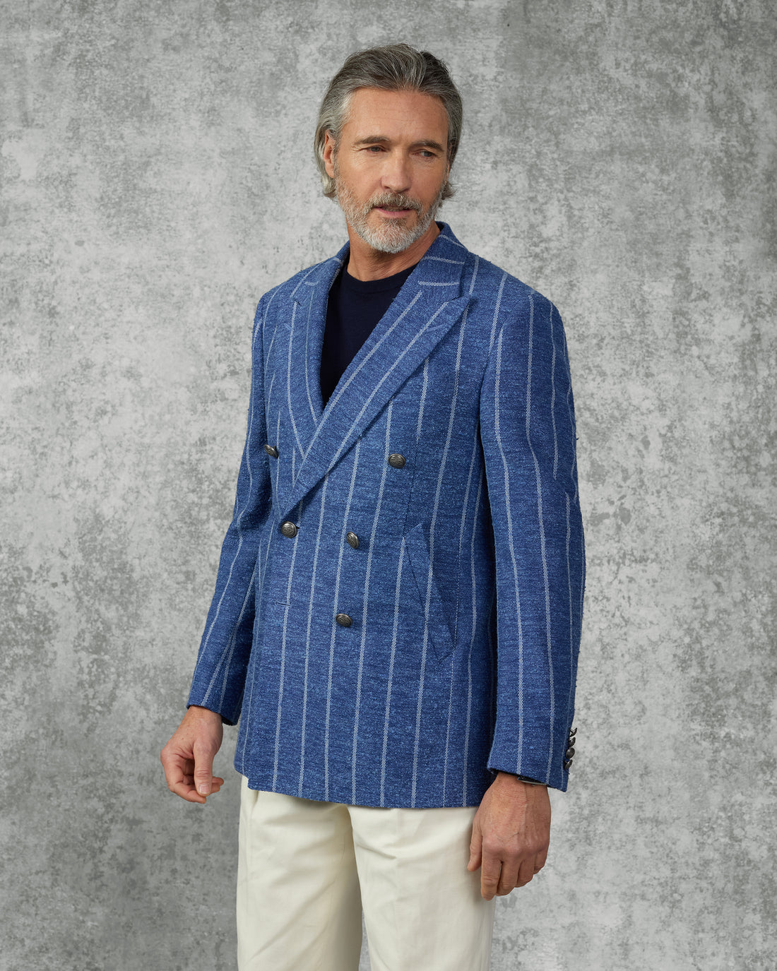Atkinson Wool Silk Linen & Nylon Double Breasted Striped Blazer