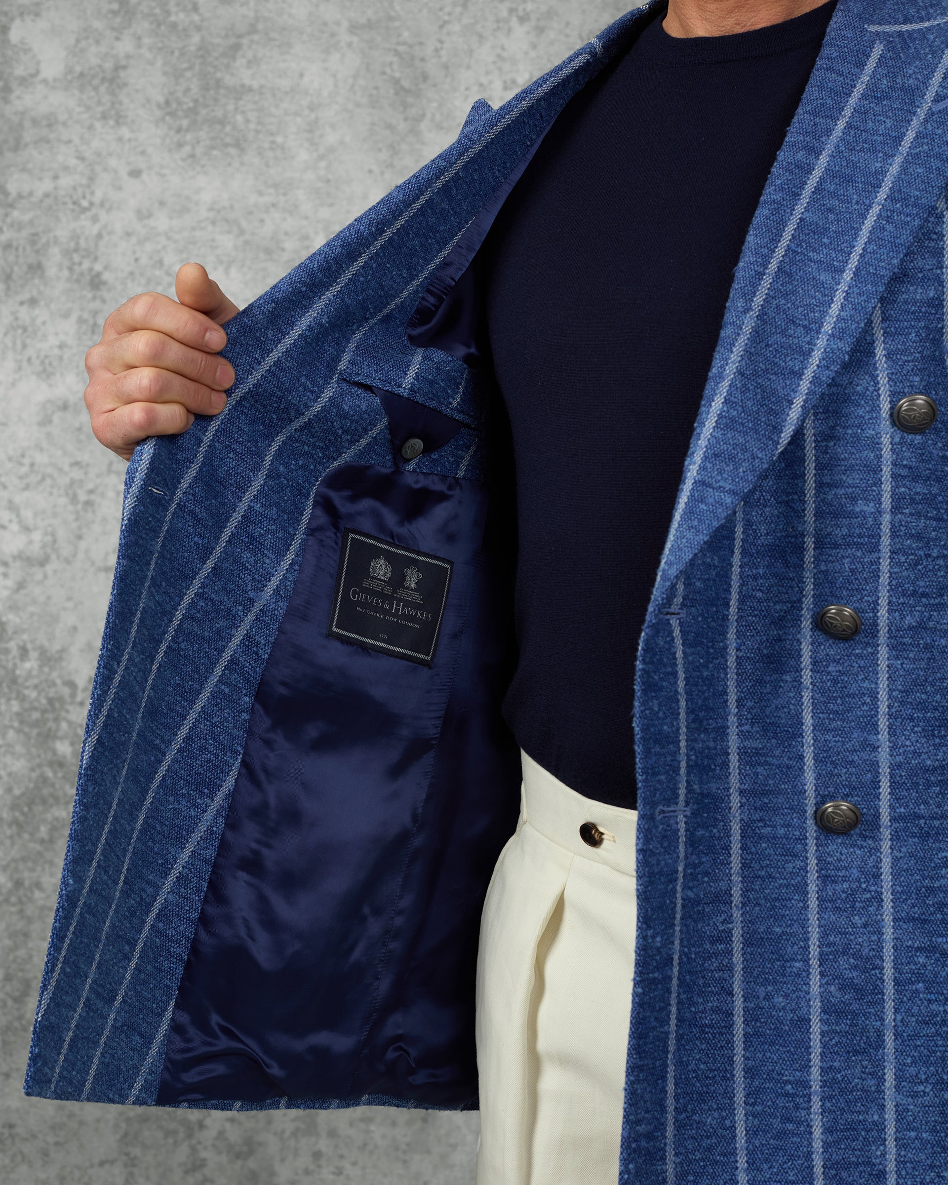 Atkinson Wool Silk Linen & Nylon Double Breasted Striped Blazer