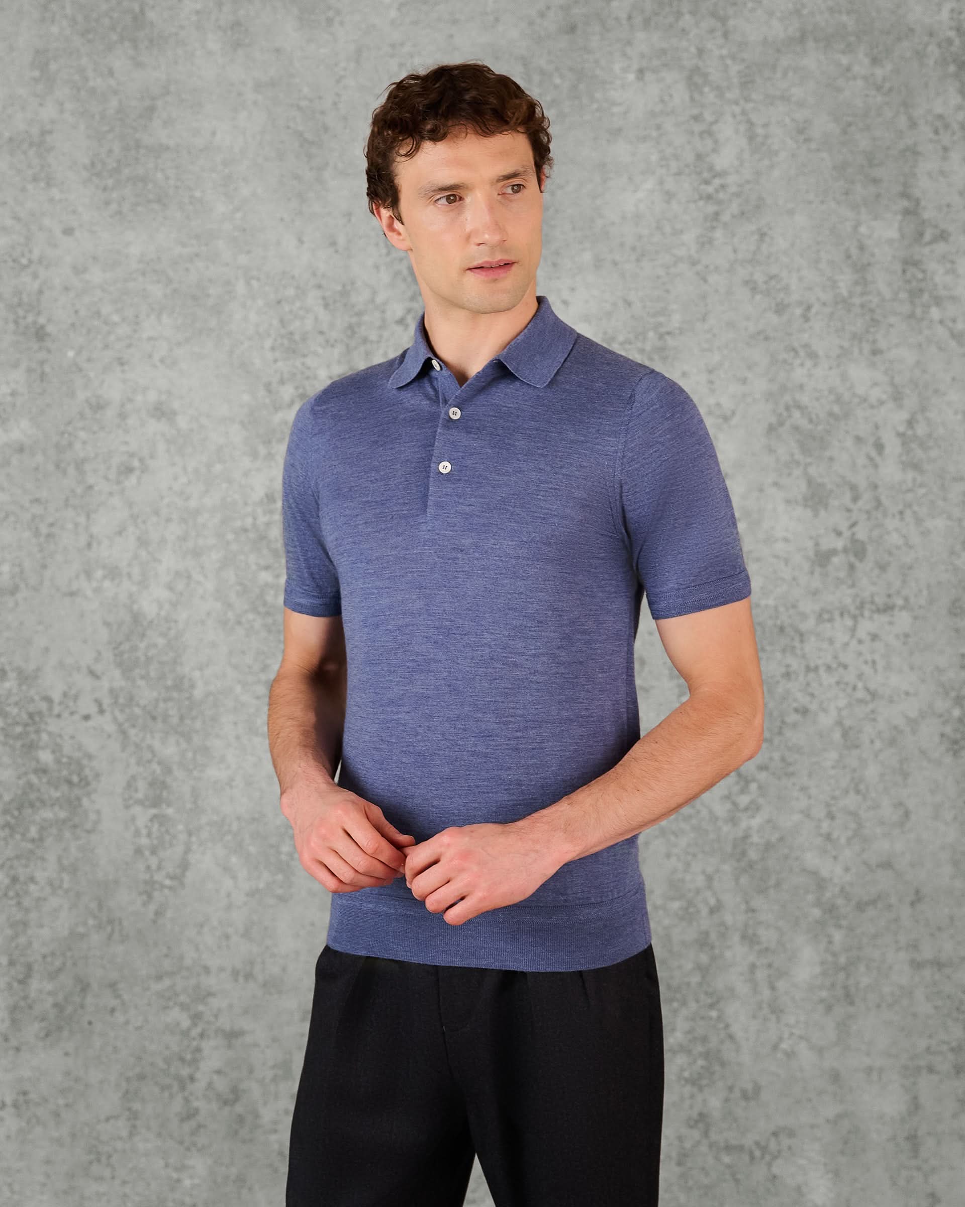 Dicken Merino Wool Silk Cashmere Polo Shirt Light Blue