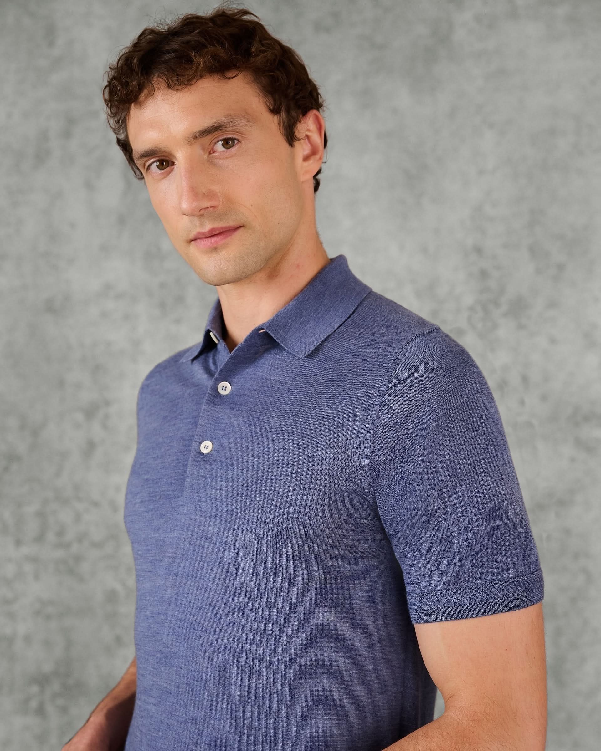 Dicken Merino Wool Silk Cashmere Polo Shirt Light Blue