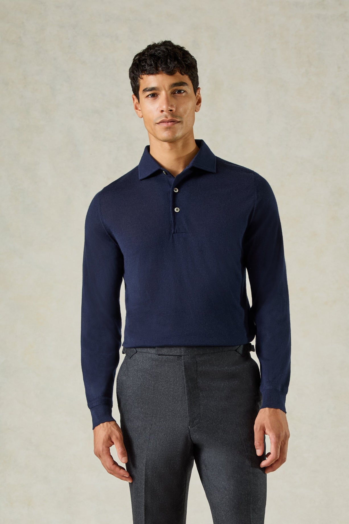 Grant Long Sleeve Merino Polo Shirt Navy