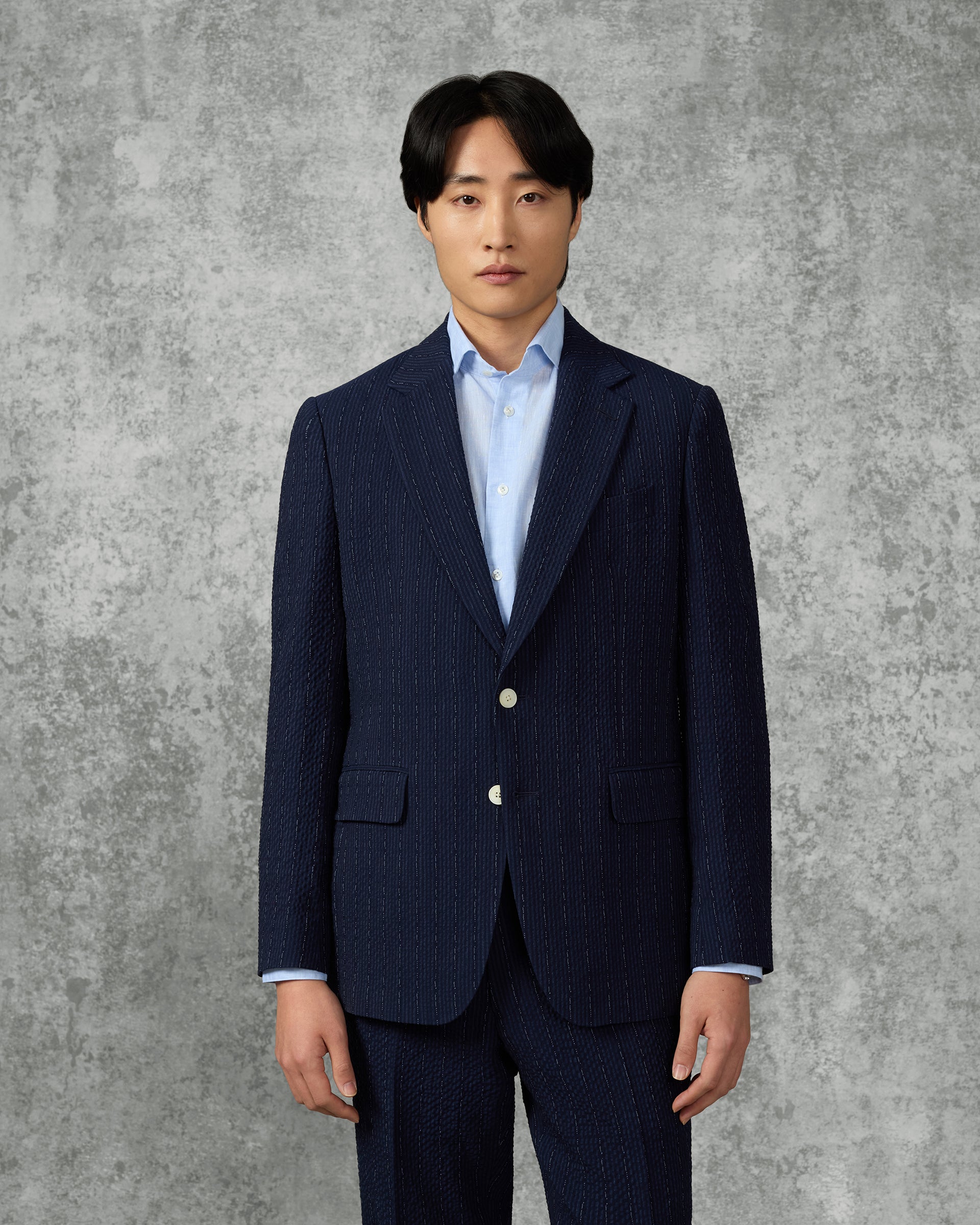 Harrison Virgin Wool Silk Linen Elastane Seersucker Suit Jacket Navy Morse Code