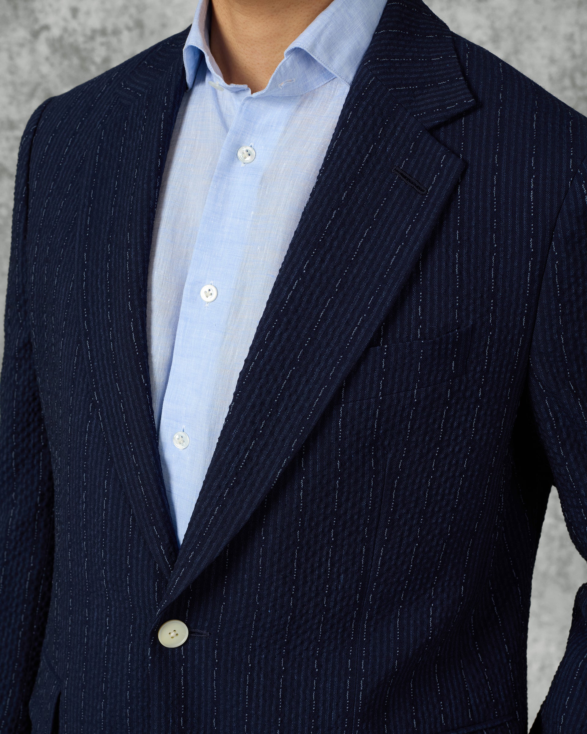Harrison Virgin Wool Silk Linen Elastane Seersucker Suit Jacket Navy Morse Code