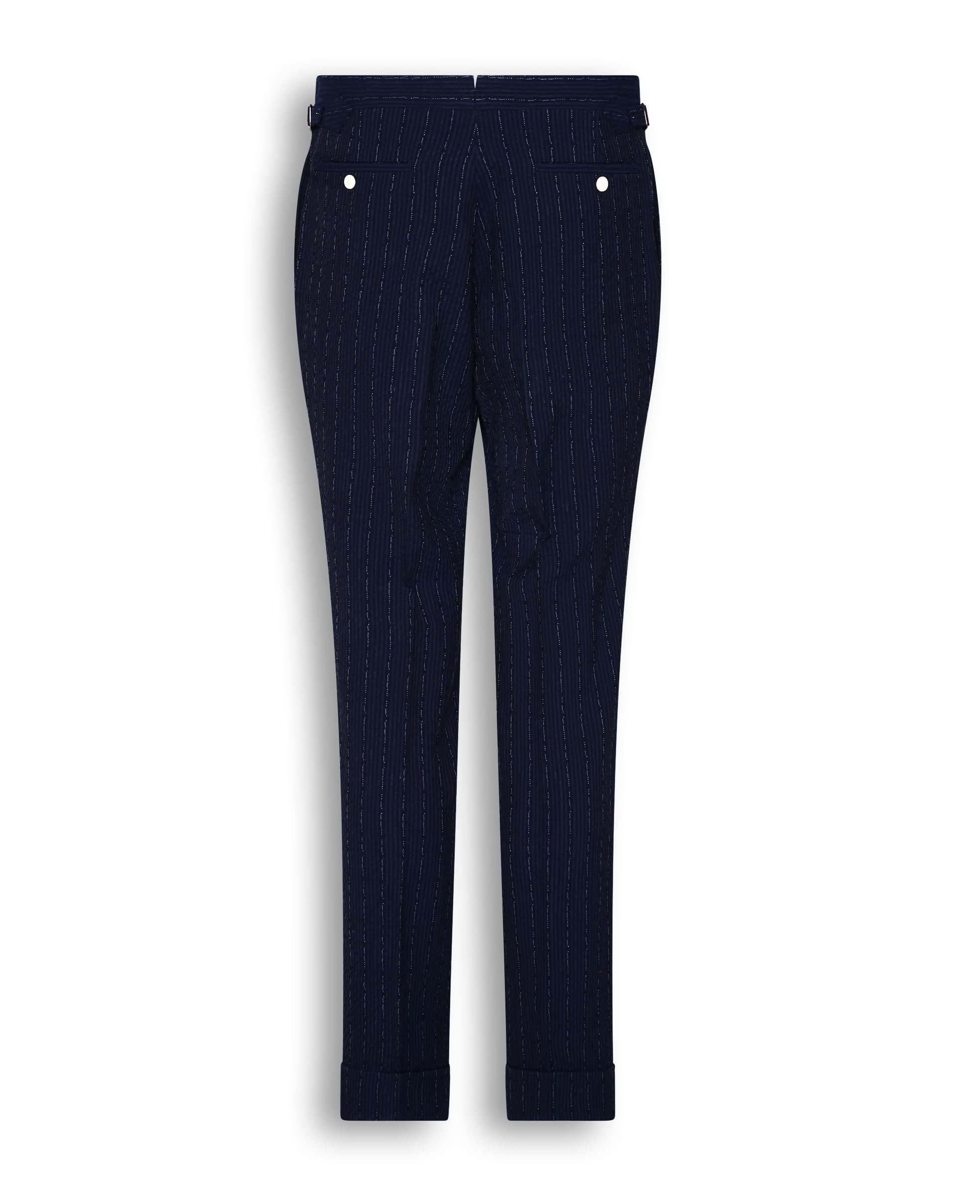 Harrison Virgin Wool Silk Linen Stretch Seersucker Morse Code Suit Trouser Navy