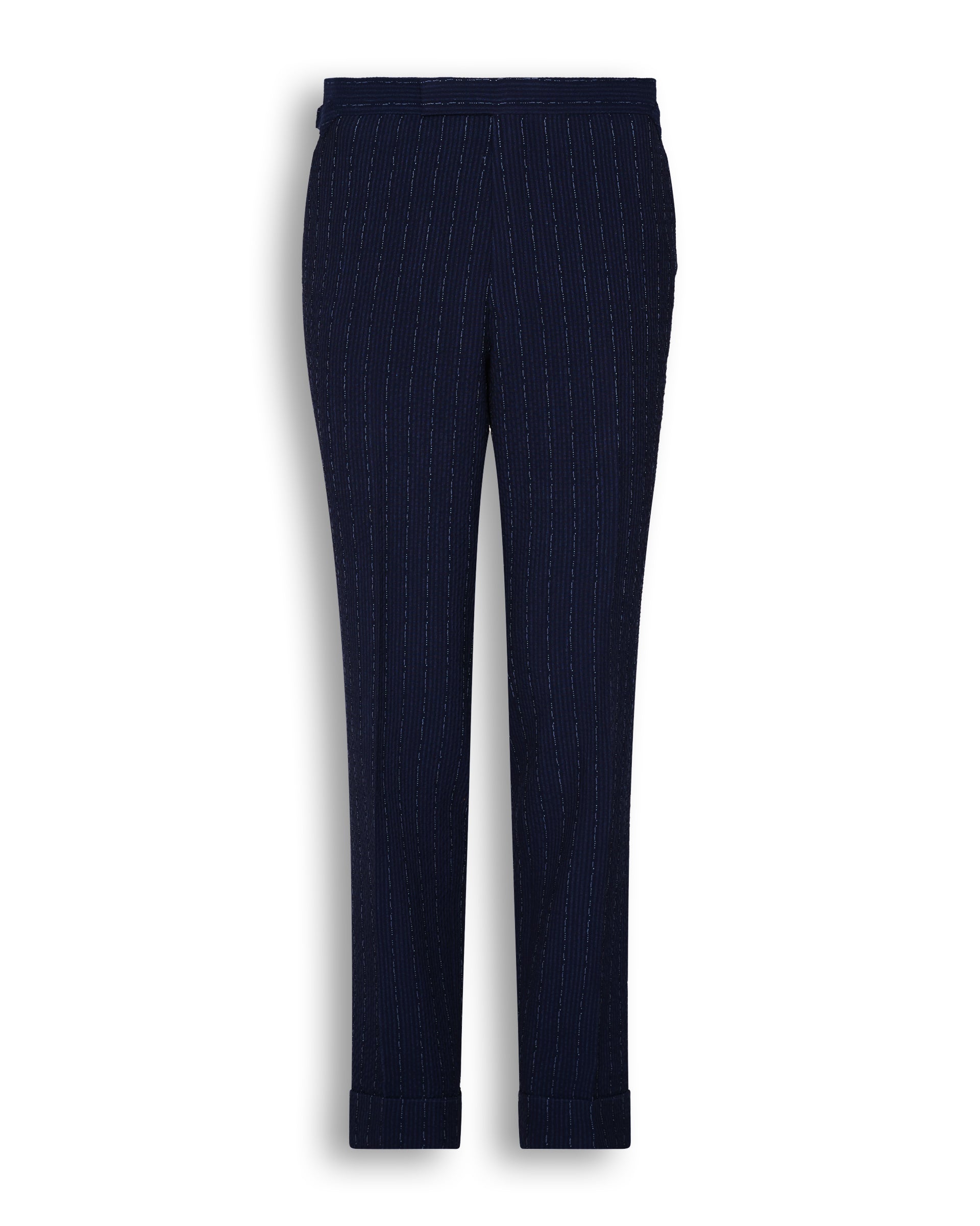 Harrison Virgin Wool Silk Linen Elastane Seersucker Morse Code Suit Trouser Navy
