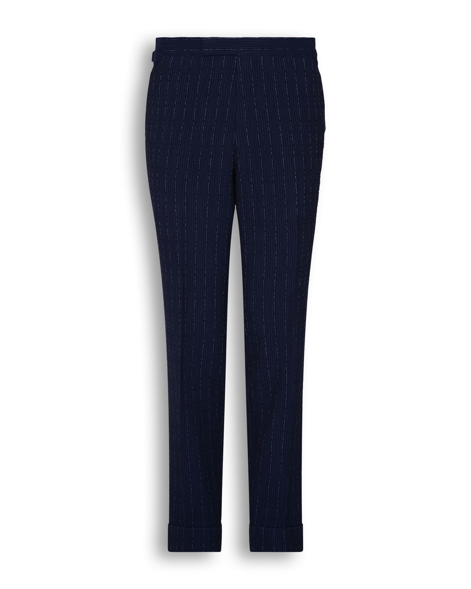 Harrison Virgin Wool Silk Linen Stretch Seersucker Morse Code Suit Trouser Navy