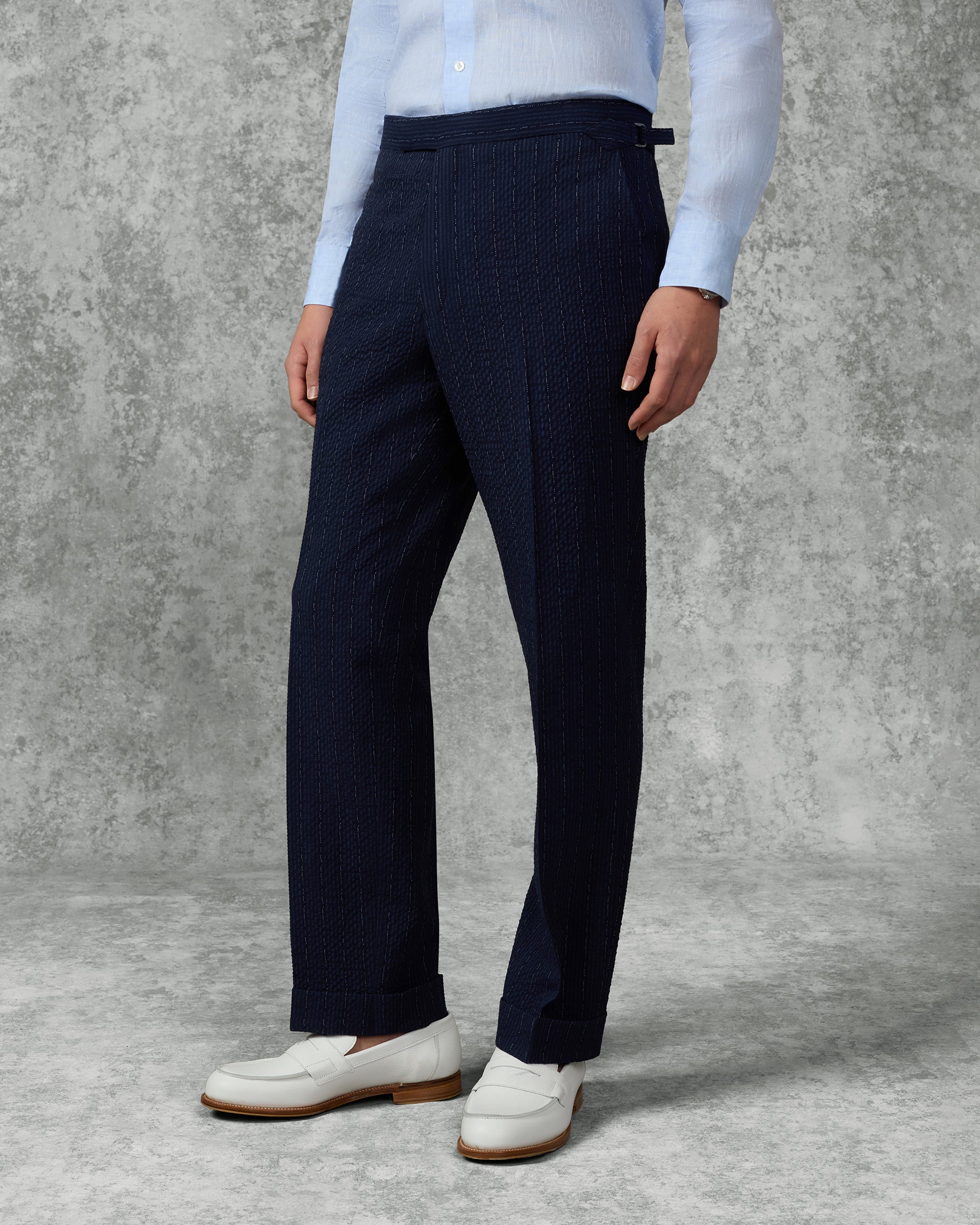 Harrison Virgin Wool Silk Linen Stretch Morse Code Suit Navy