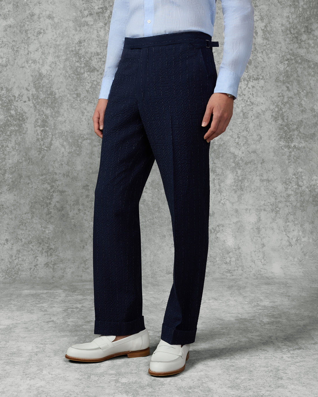 Harrison Virgin Wool Silk Linen Elastane Seersucker Morse Code Suit Trouser Navy