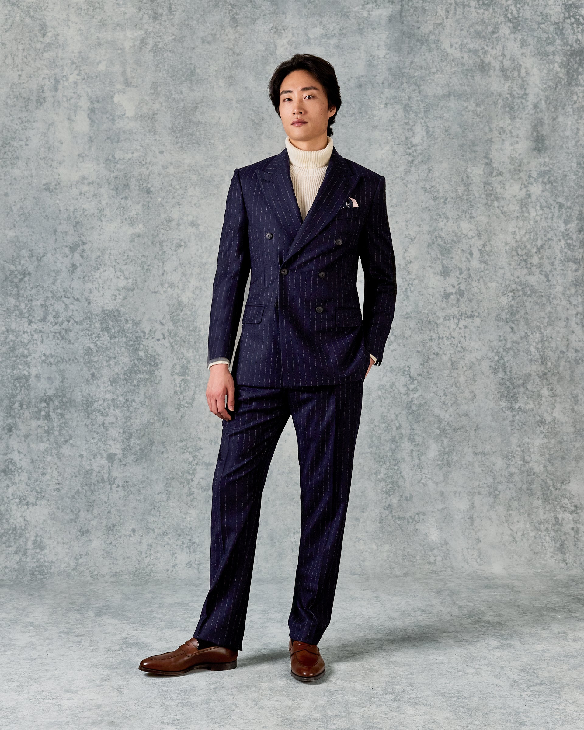 Churchill Wool Cashmere Suit Double Breasted Jacket Navy Morse Code Flannel