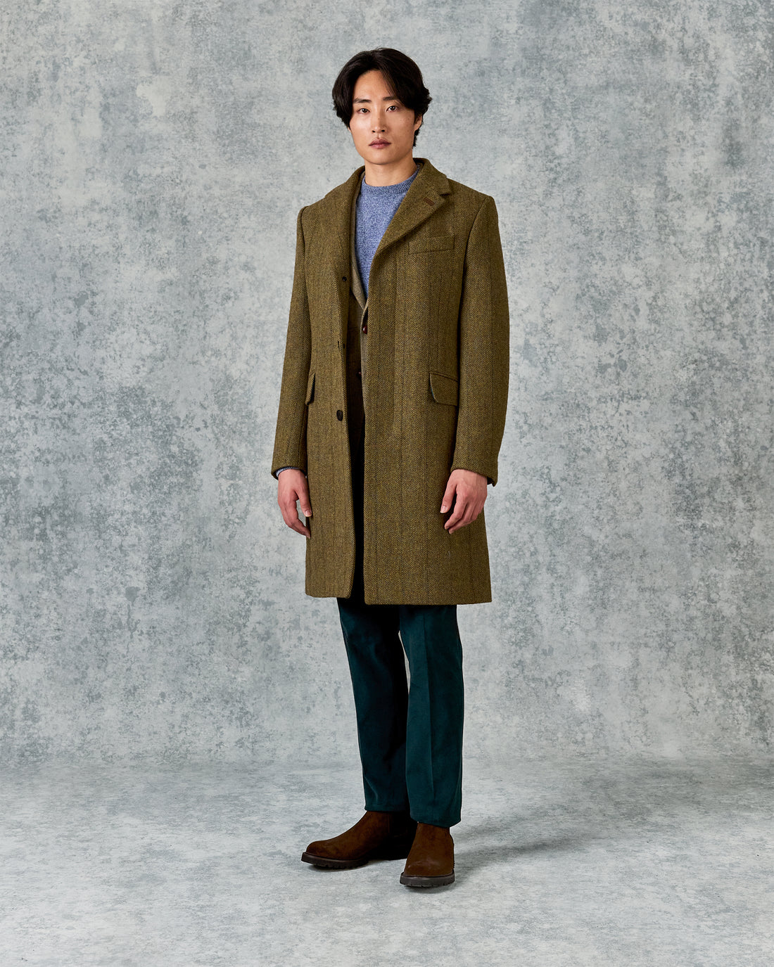 Garth Car Coat Green Herringbone