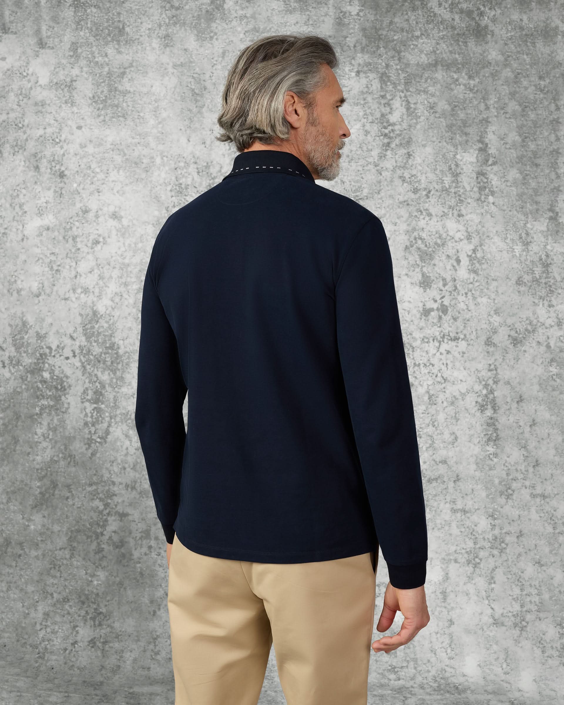 Robinson Cotton & Silk Long Sleeve Jersey Polo Shirt Navy