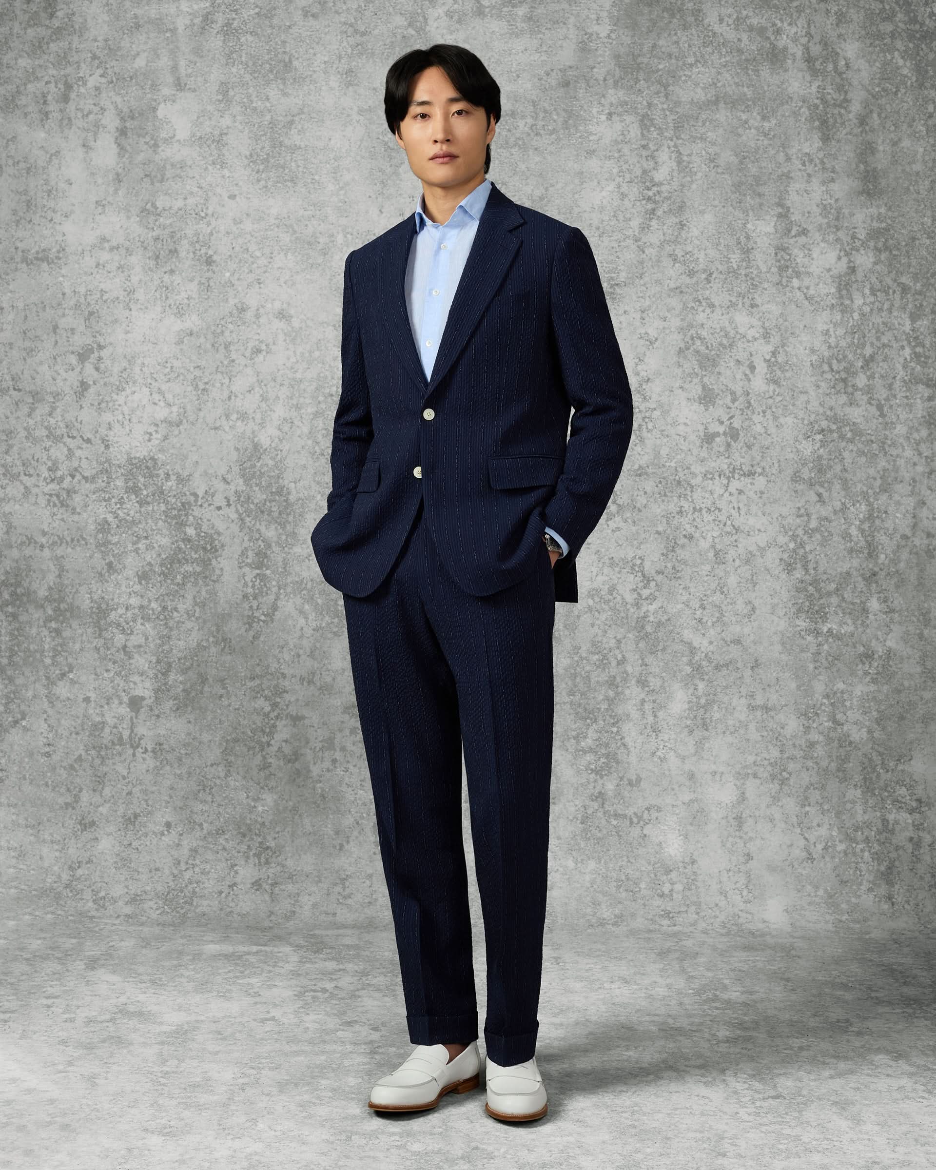 Harrison Virgin Wool Silk Linen Elastane Morse Code Suit Navy