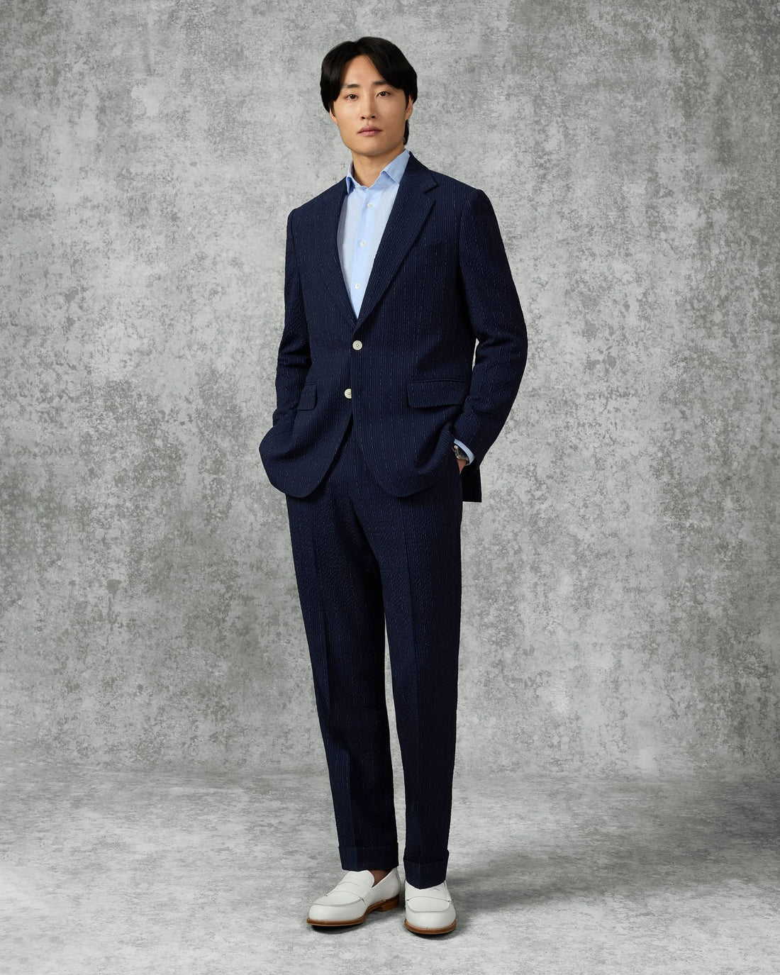 Harrison Virgin Wool Silk Linen Stretch Morse Code Suit Navy