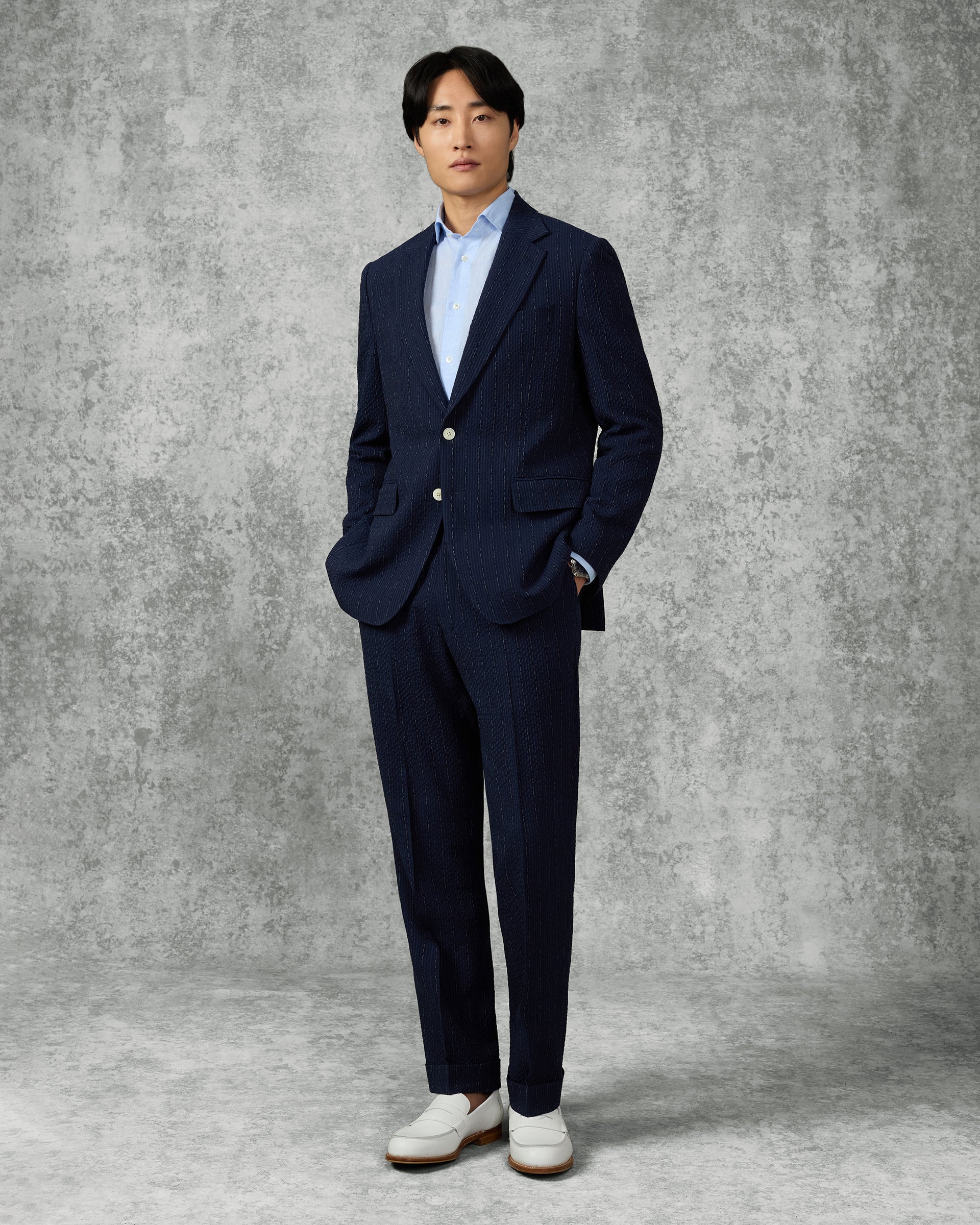 Harrison Virgin Wool Silk Linen Stretch Morse Code Suit Navy