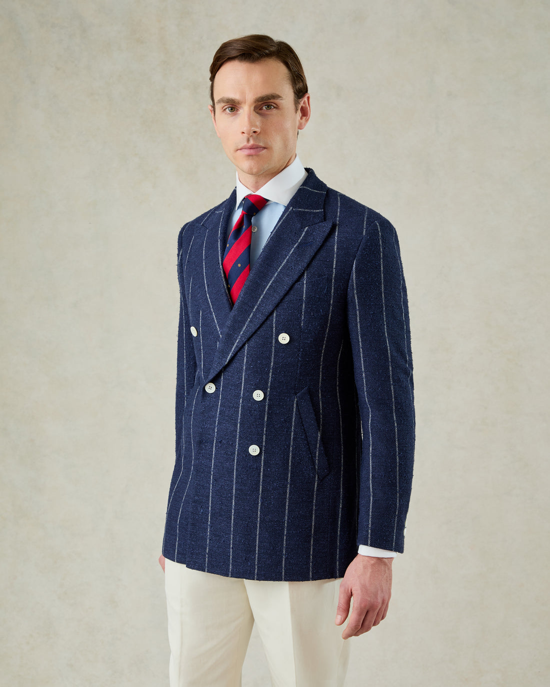 Bates Double Breasted Wool Linen &amp; Silk Blazer Dark Navy Stripe