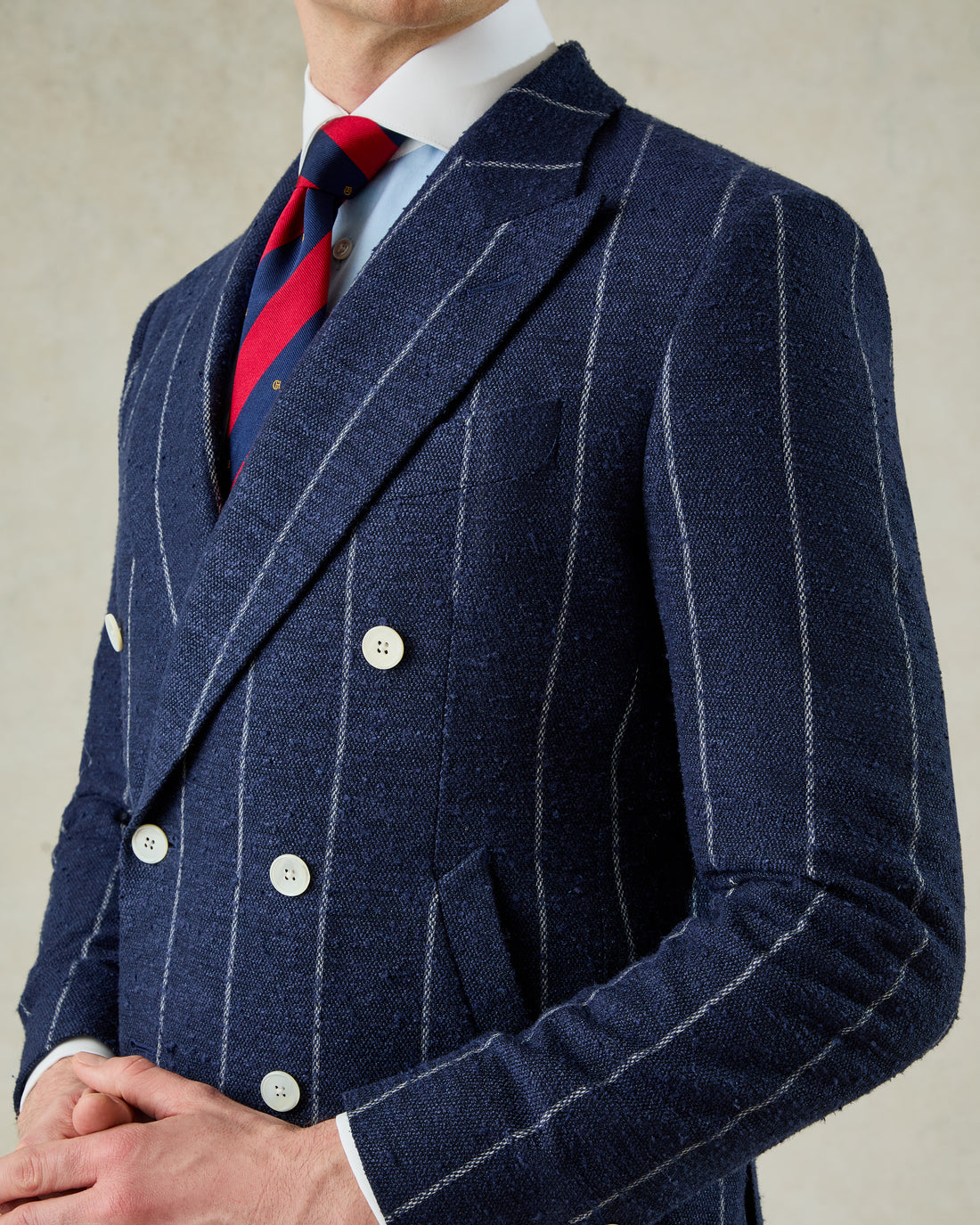 Bates Double Breasted Wool Linen &amp; Silk Blazer Dark Navy Stripe