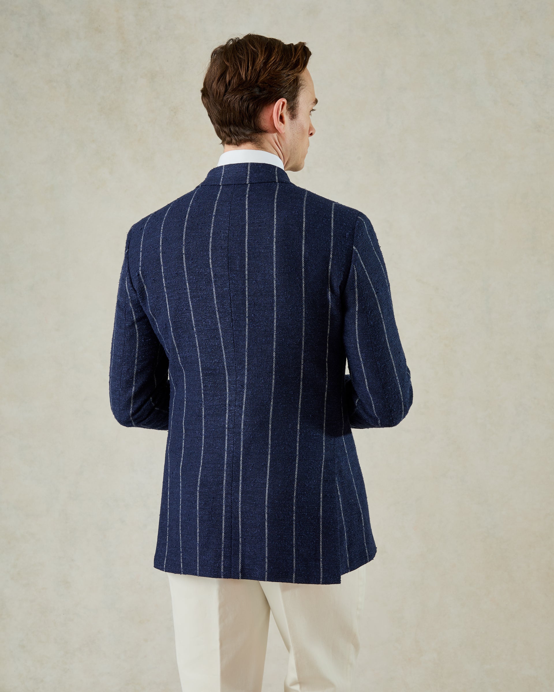 Bates Double Breasted Wool Linen &amp; Silk Blazer Dark Navy Stripe