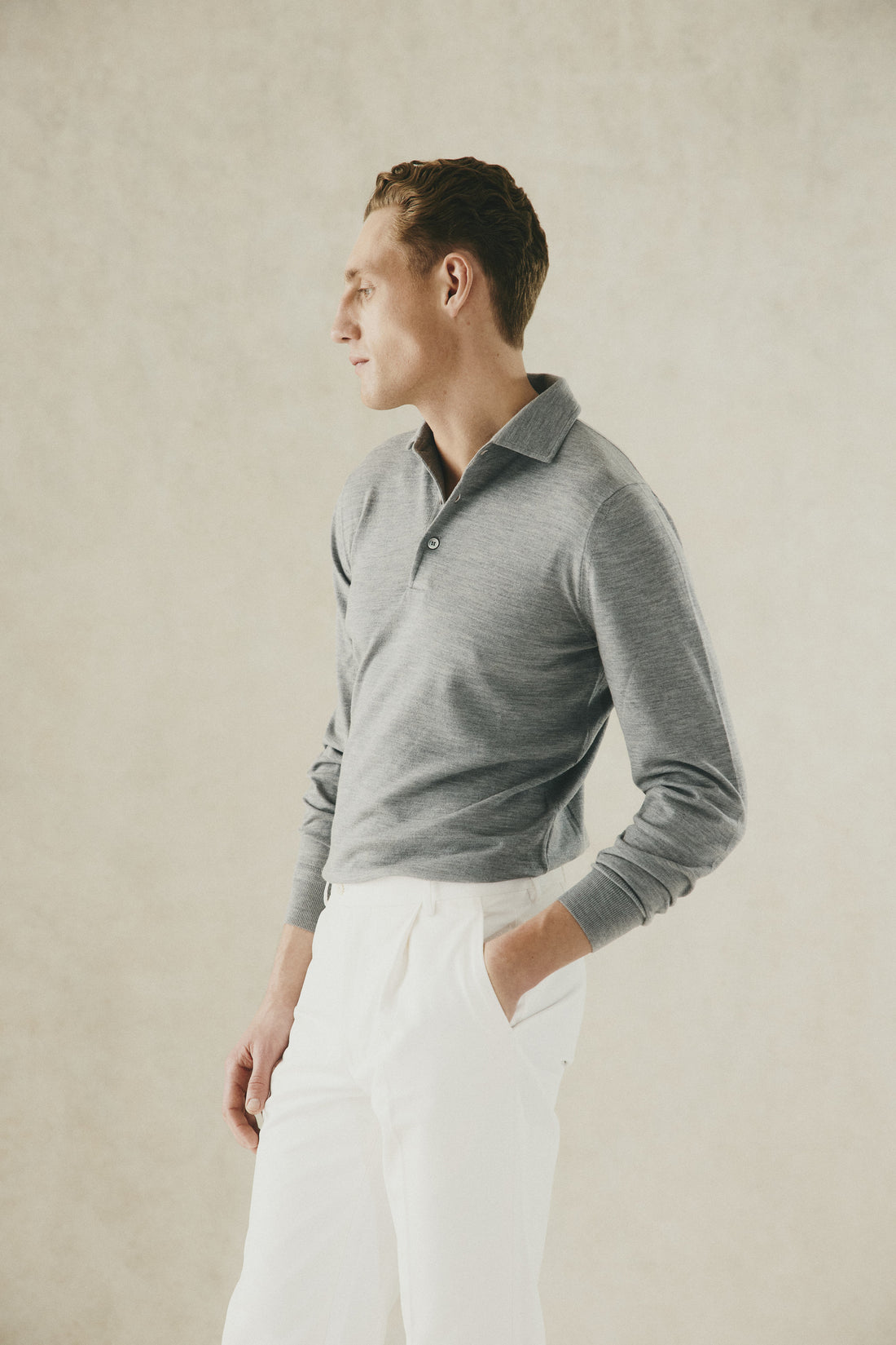 Grant Long Sleeve Merino Polo Shirt Light Grey