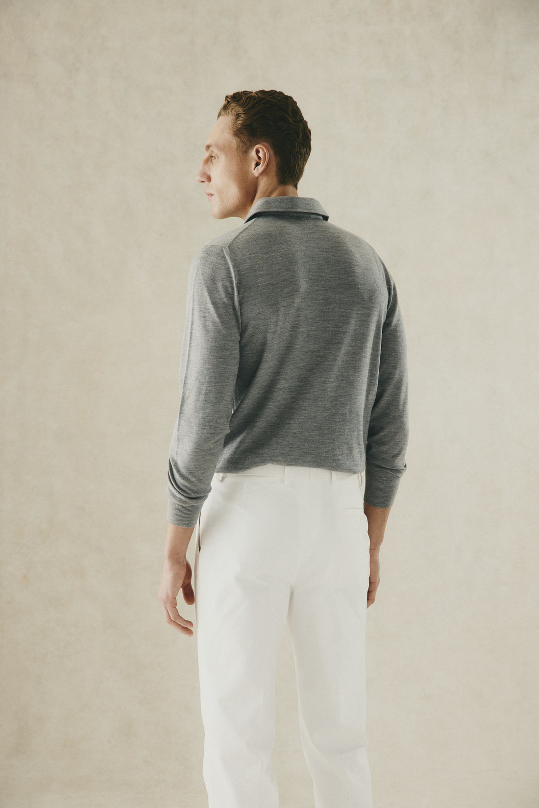 Grant Long Sleeve Merino Polo Shirt Light Grey