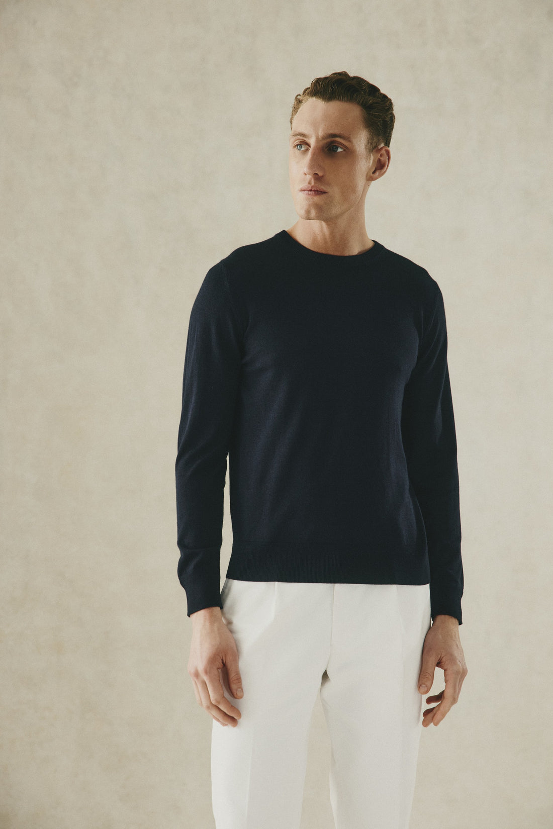 Lucas Merino Wool Silk &amp; Cashmere Crew Jumper Navy