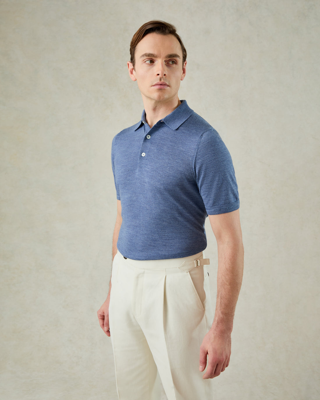 Dicken Short Sleeve Merino Wool Silk &amp; CashmerePolo Knit Light Blue