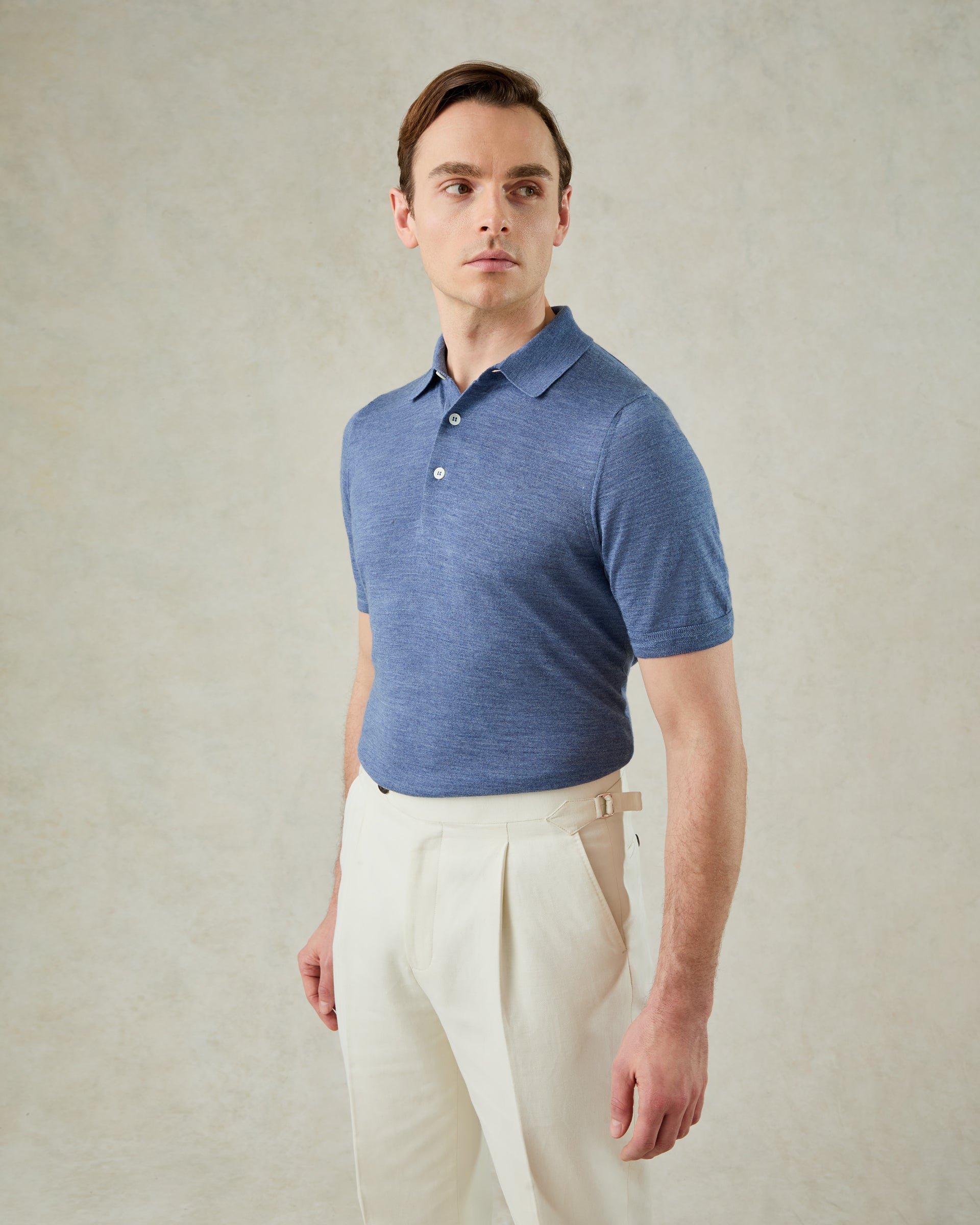 Dicken Short Sleeve Merino Wool Silk &amp; CashmerePolo Knit Light Blue