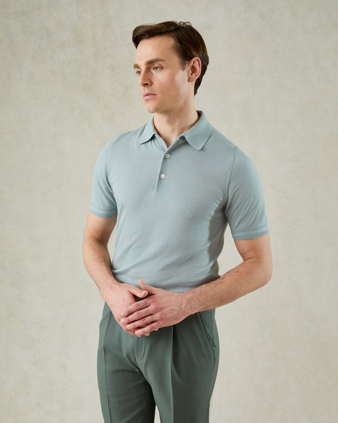 Dicken Short Sleeve Merino Wool Silk &amp; Cashmere Polo Knit Mint