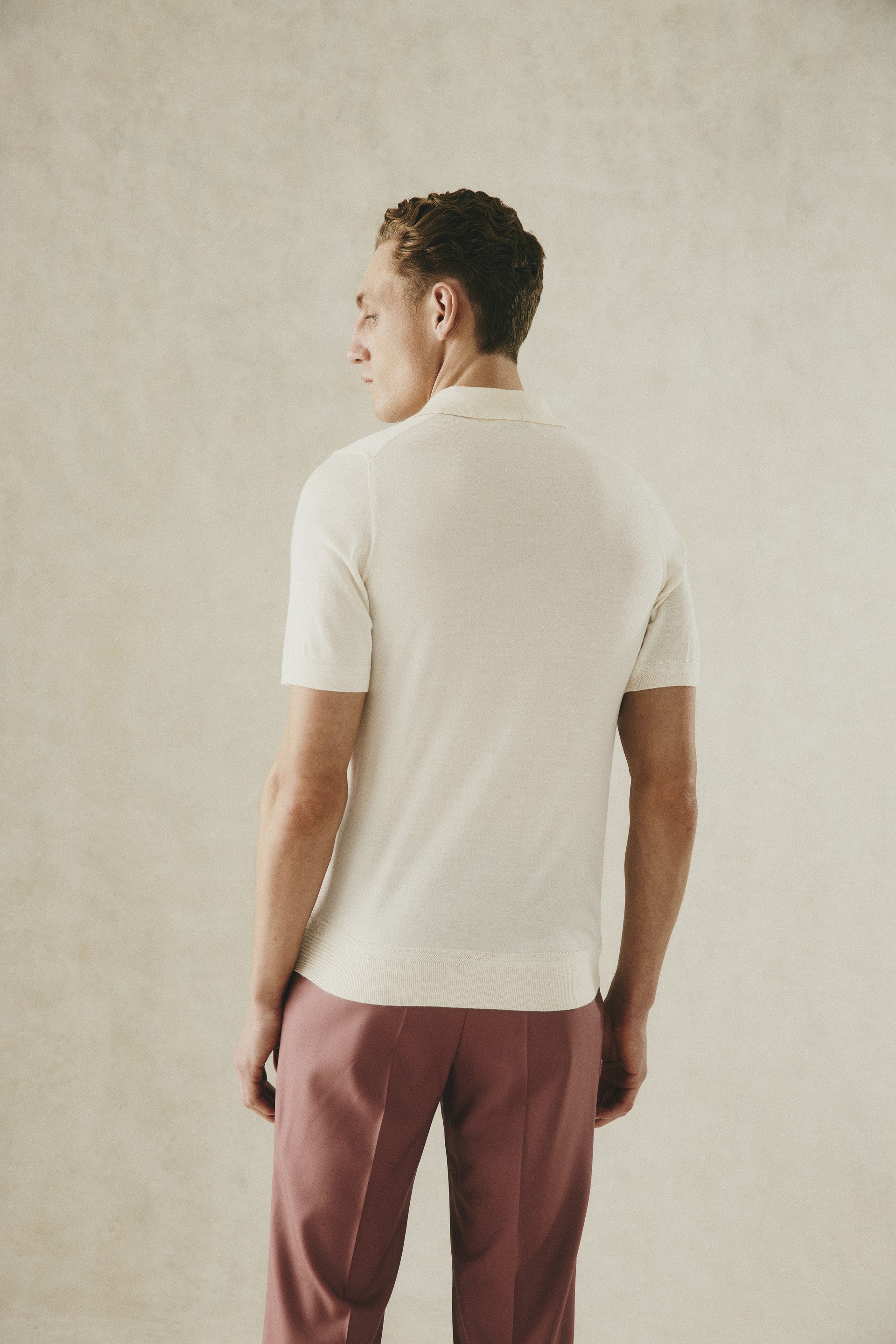 Dicken Short Sleeve Merino Wool Silk &amp; Cashmere Polo Knit Ecru