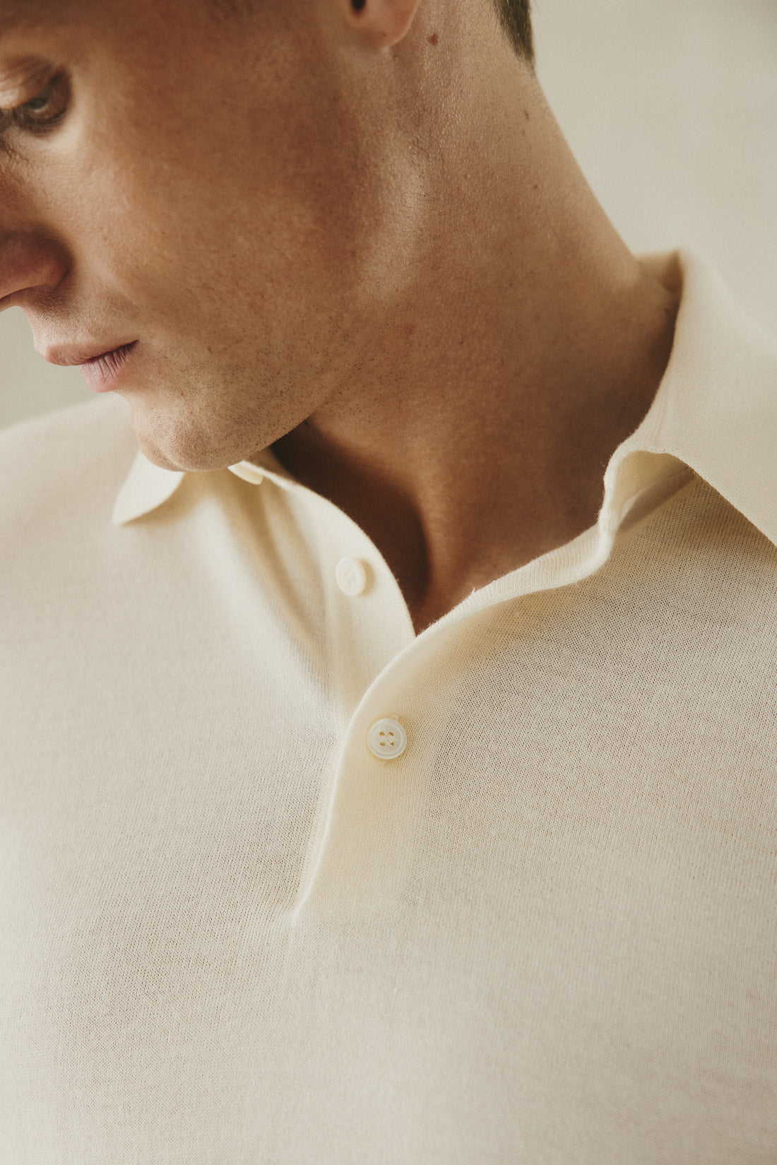 Dicken Short Sleeve Merino Wool Silk &amp; Cashmere Polo Knit Ecru