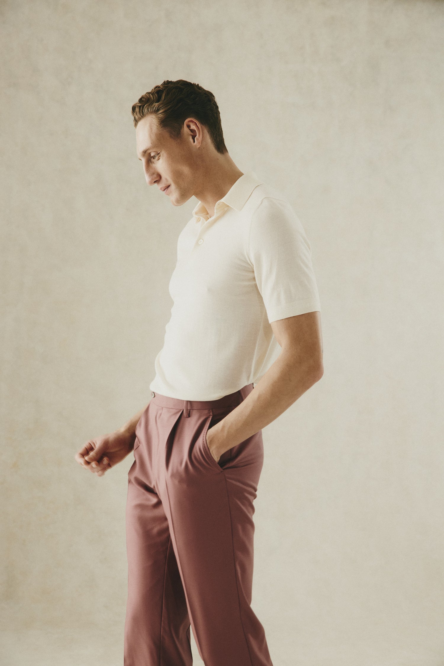 Dicken Short Sleeve Merino Wool Silk &amp; Cashmere Polo Knit Ecru