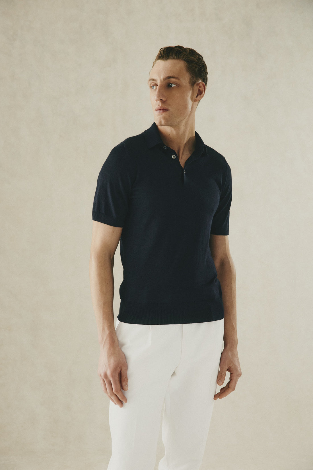 Dicken Short Sleeve Merino Wool Silk &amp; Cashmere Polo Knit Navy