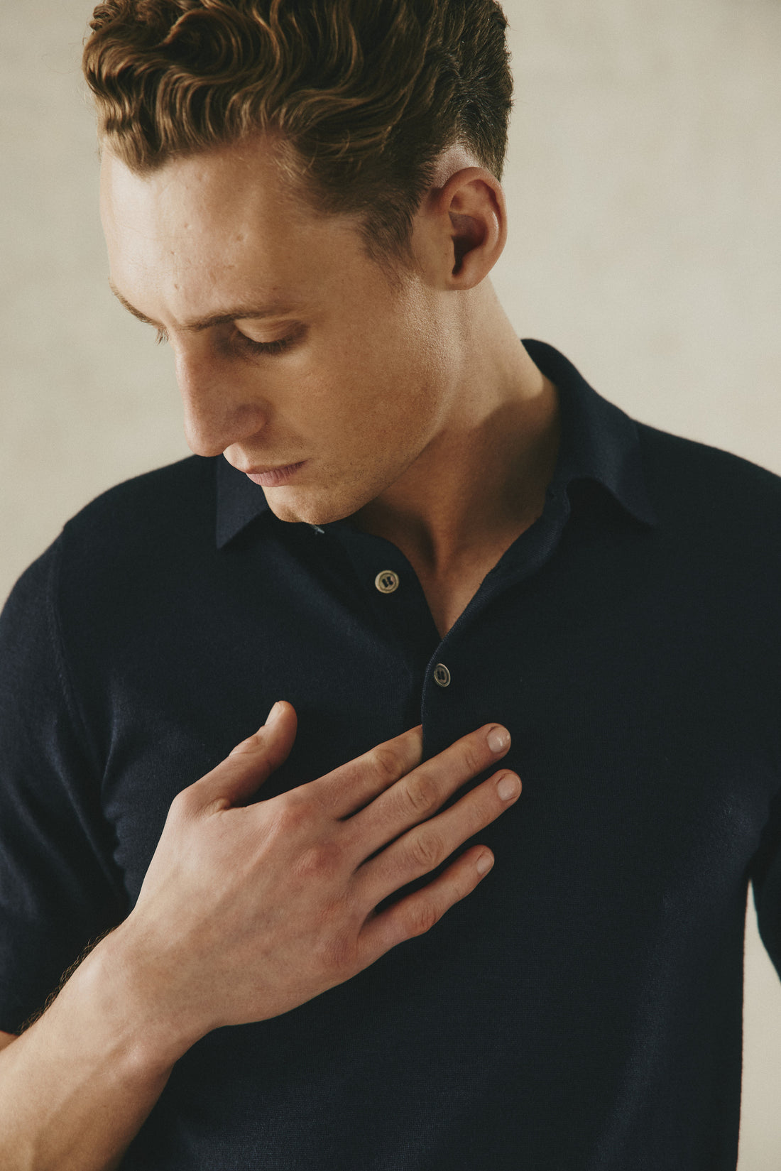 Dicken Short Sleeve Merino Wool Silk &amp; Cashmere Polo Knit Navy