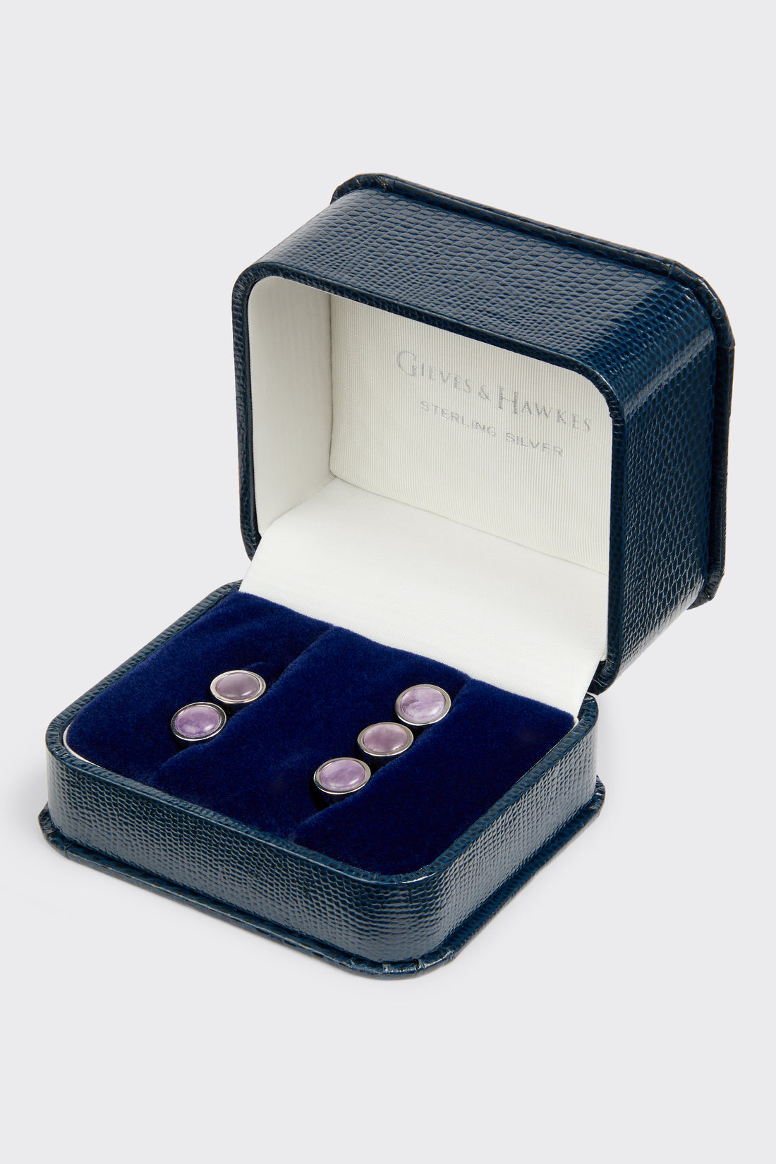 Hallett Reversible Dress Studs Mother of Pearl &amp; Amethyst Grey &amp; Purple