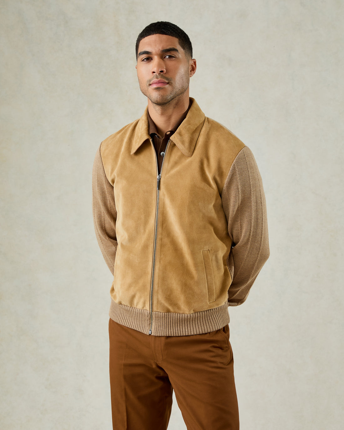 Alexander Knit and Suede Bomber Jacket Camel