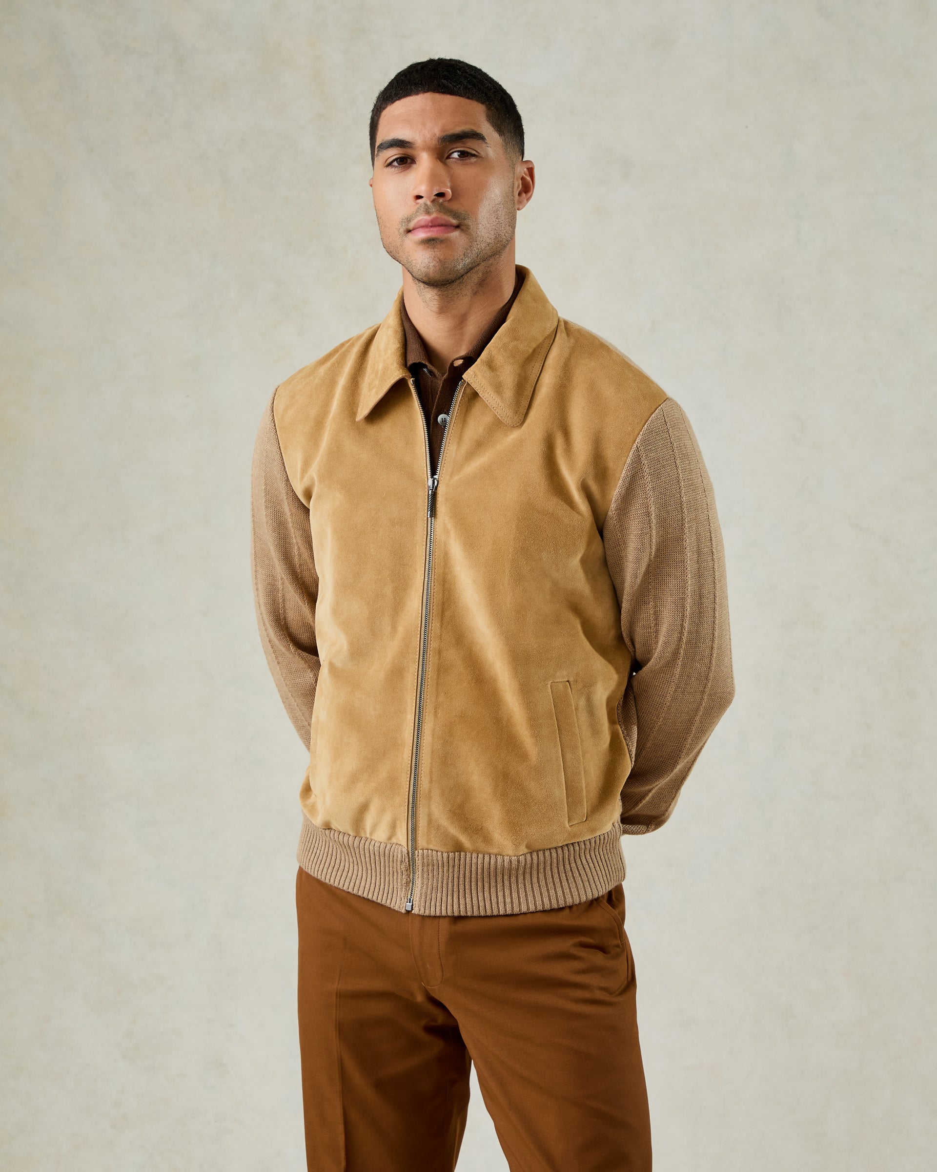Alexander Knit and Suede Bomber Jacket Camel