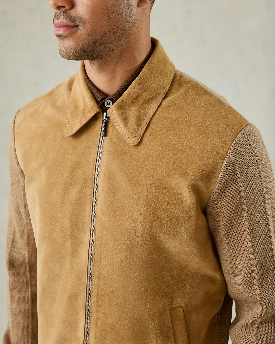 Alexander Knit and Suede Bomber Jacket Camel