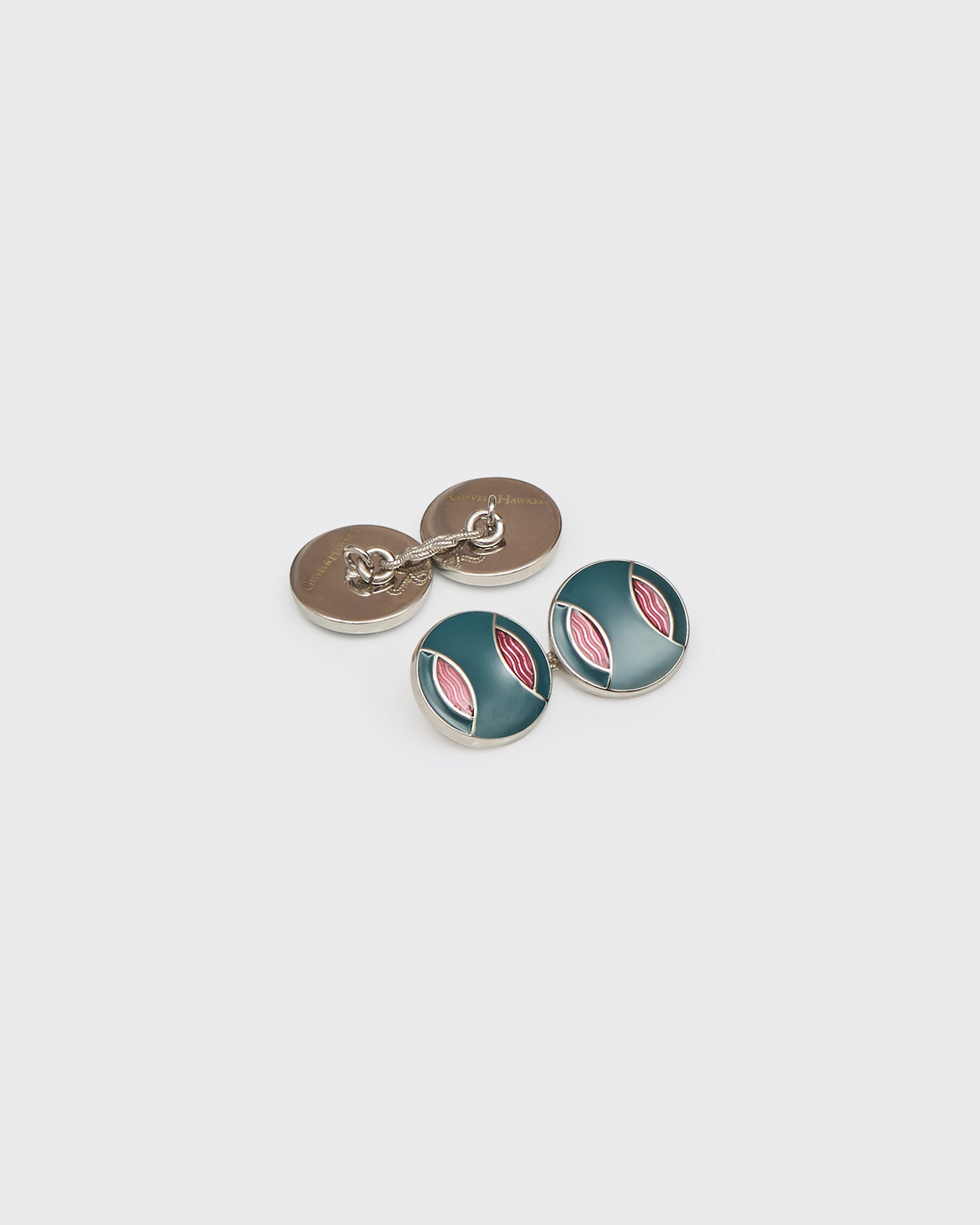 Gravener Sterling Sliver Round Enamel Cufflink Aqua &amp; Burgundy