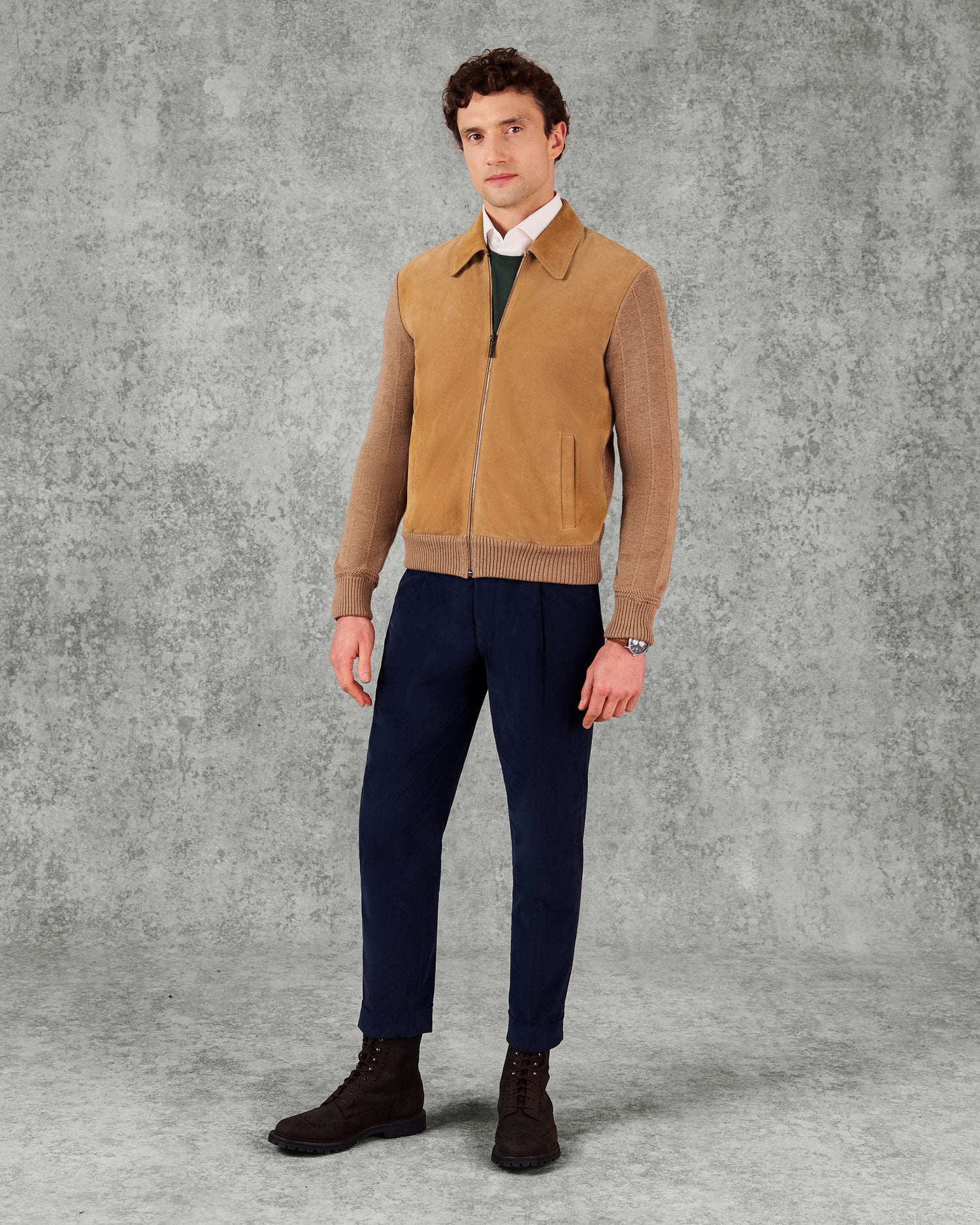 Alexander Knit and Suede Bomber Jacket Camel