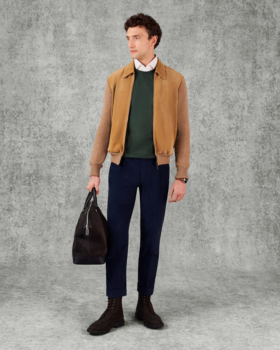 Alexander Knit and Suede Bomber Jacket Camel