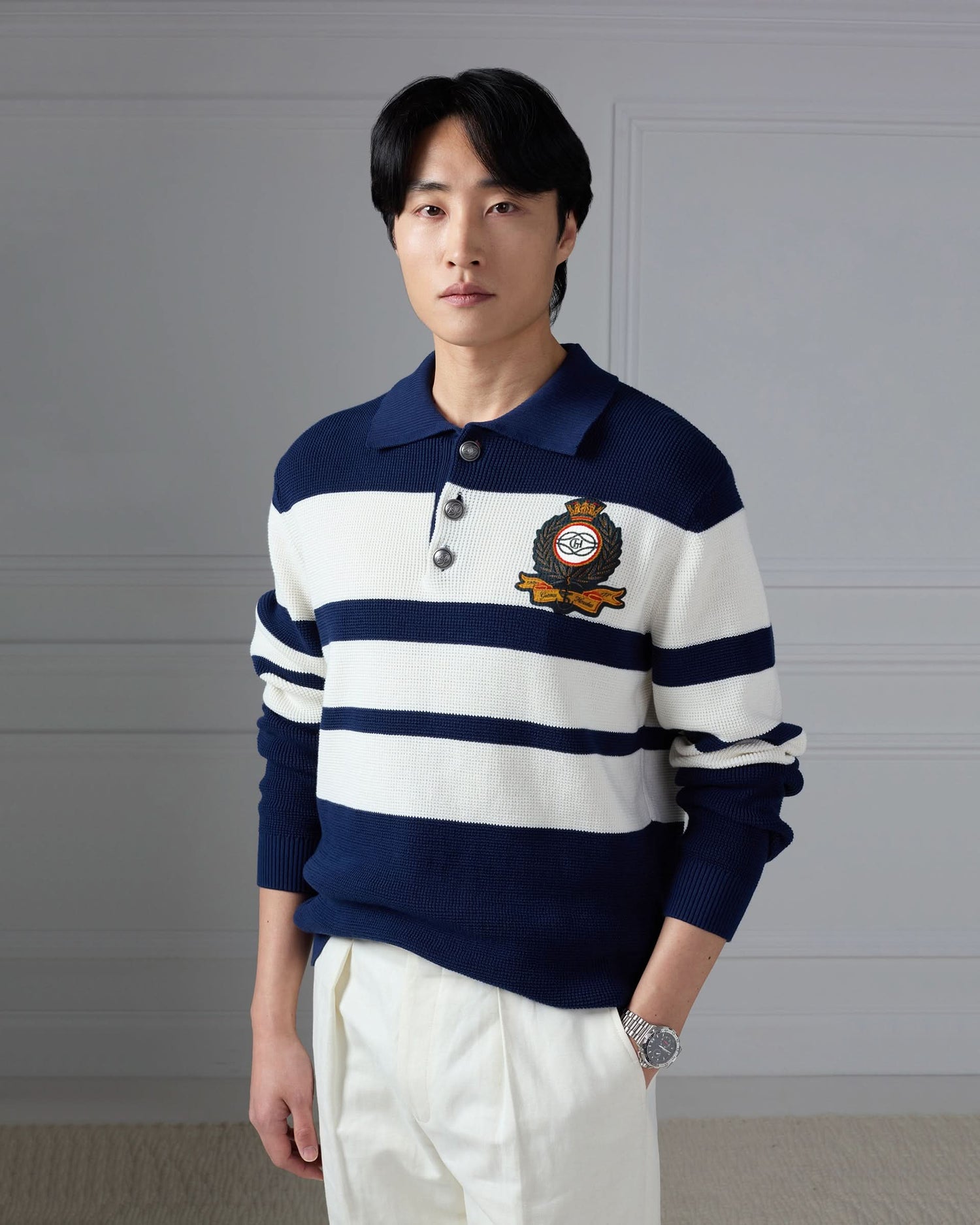 Stevens Cotton Striped Nautical Knitted Jumper Navy/White