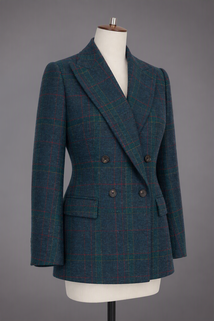 Woman's double-breasted blazer made in Cashmere, featuring practical yet eleg...