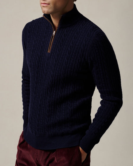 Rae Cable Merino Wool & Cashmere Quarter Zip Jumper Navy